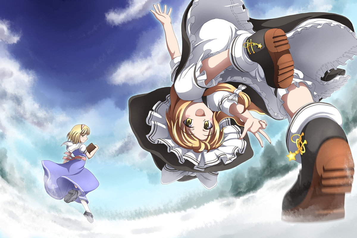 tri, alice margatroid, kirisame marisa, touhou, 2girls, blonde hair, book, female focus, fisheye, hairband, hat, multiple girls, witch, witch hat, yellow eyes