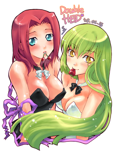asylum, c.c., kouzuki kallen, code geass, 00s, 2girls, bare shoulders, blue eyes, blush, bow, bowtie, breasts, cherry, cleavage, food, fruit, green hair, leotard, long hair, mouth hold, multiple girls, red hair, ribbon, smile, strawberry, transparent background, yellow eyes