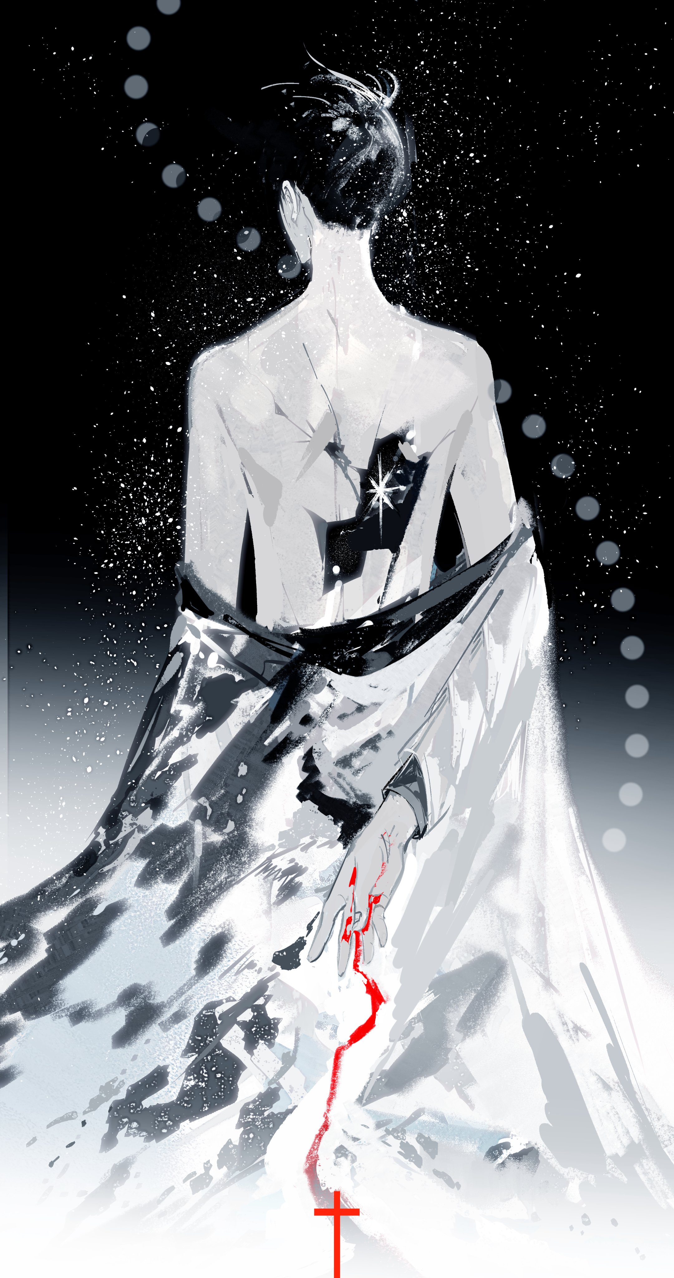 lantercat, kim dokja, omniscient reader's viewpoint, absurdres, chinese commentary, commentary request, highres, 1boy, arm behind back, black hair, bleeding, blood, coat, coat partially removed, cowboy shot, cracked skin, cross, disintegration, from behind, full body, hole in chest, hole on body, male focus, moon phases, short hair, sky, solo, star (sky), starry sky, white coat
