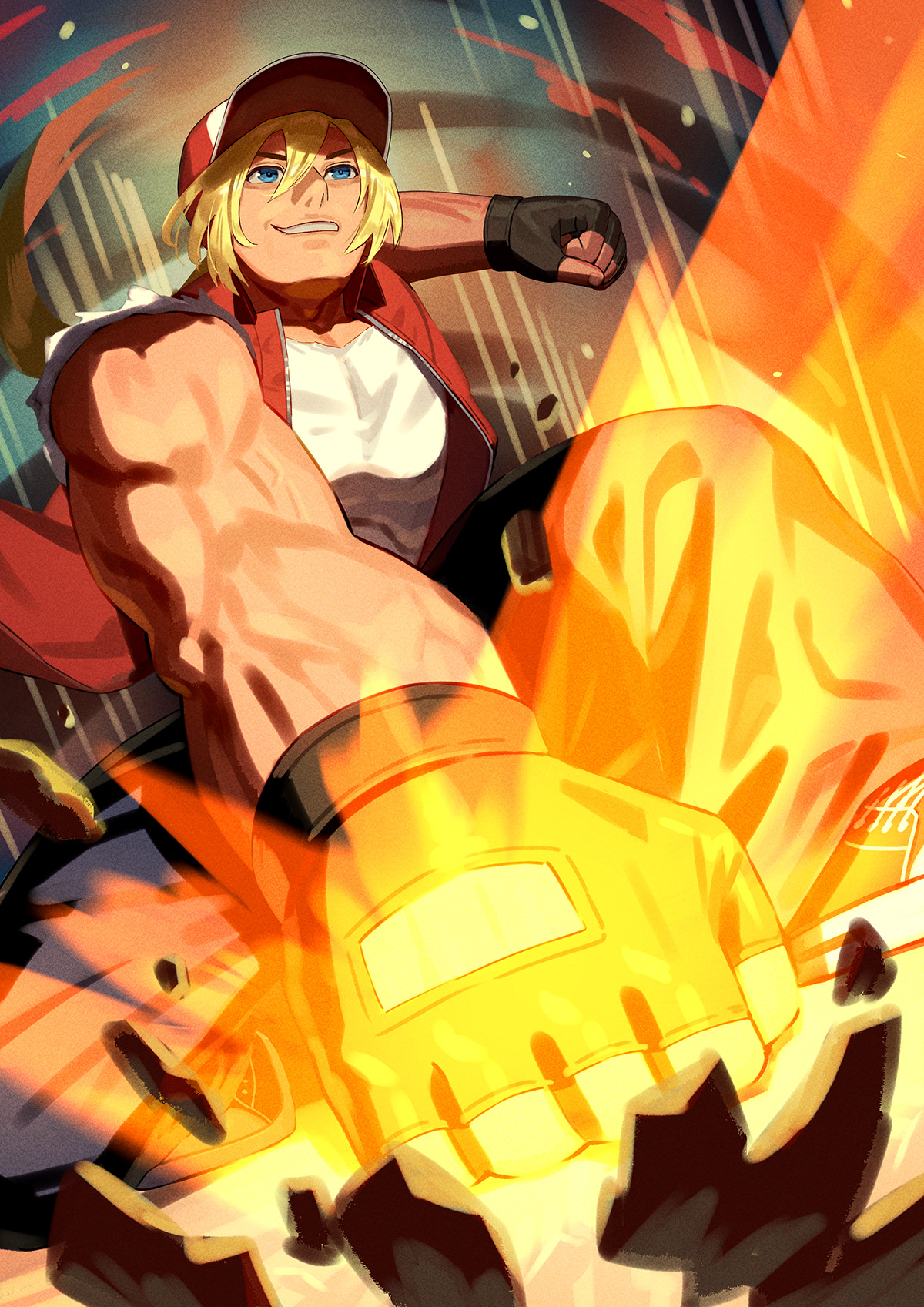 yagi2013, terry bogard, fatal fury, highres, 1boy, baseball cap, blonde hair, blue eyes, denim, fatal fury cap, fingerless gloves, gloves, hat, jeans, long hair, male focus, muscular, pants, ponytail, power geyser, shirt, smile, solo, torn clothes, torn sleeves, vest