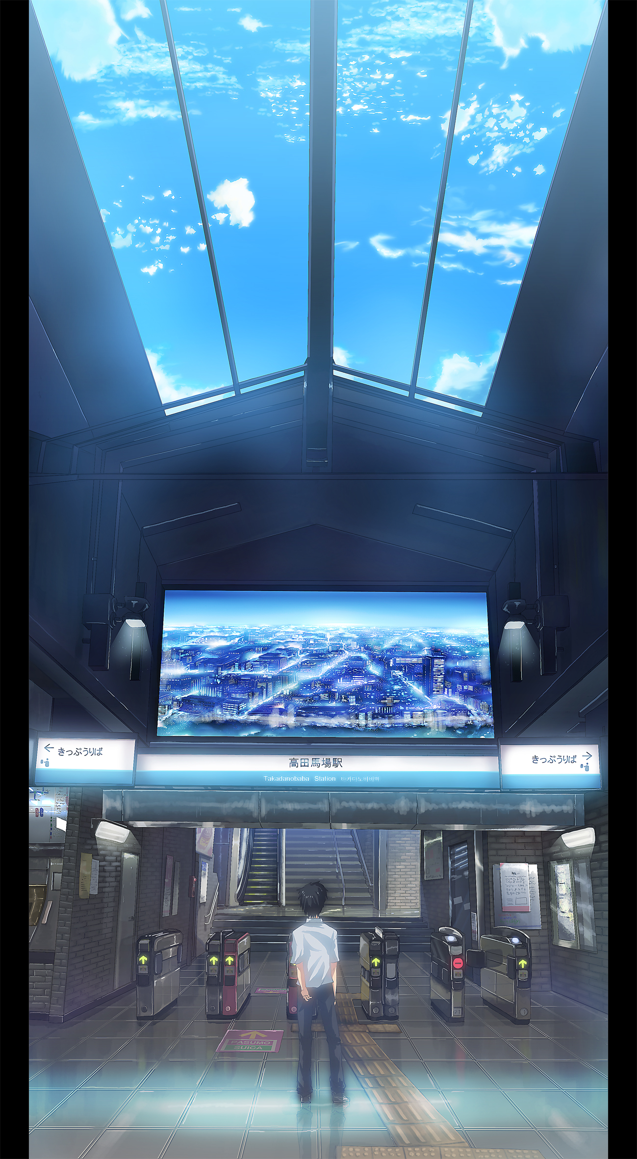 ryouma (galley), original, light, bad id, bad pixiv id, highres, 1boy, black hair, black pants, brick wall, cloud, day, fare gate, from behind, indoors, male focus, pants, real world location, scenery, shinjuku (tokyo), shirt, sky, skylight, solo, stairs, standing, tactile paving, tokyo (city), train station, white shirt, wide shot