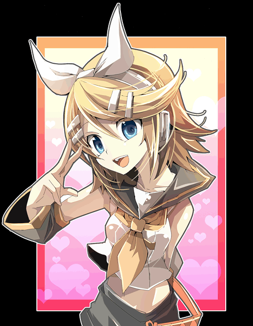 fruit punch, kagamine rin, vocaloid, blonde hair, blue eyes, hair ornament, hairclip, ribbon, short hair, solo, v