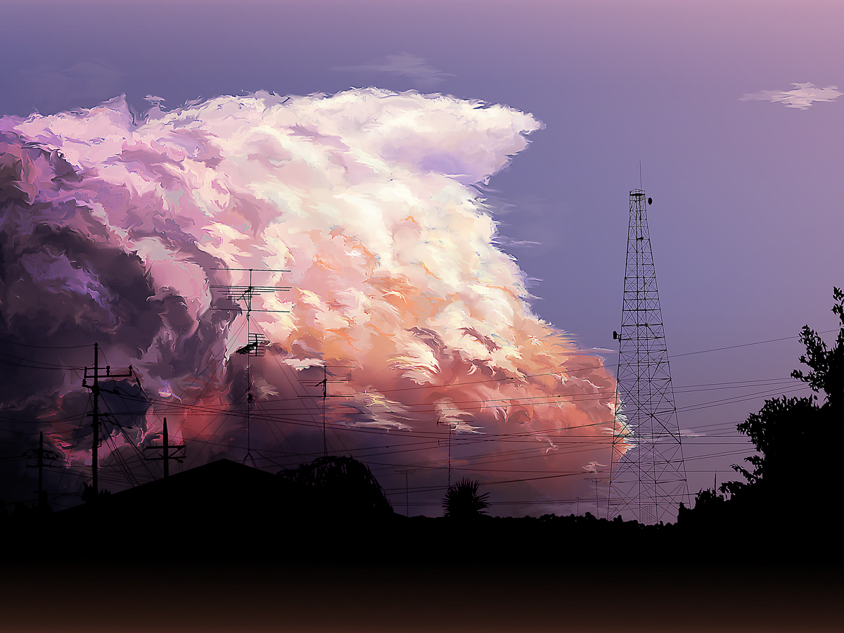 ryouma (galley), original, bad id, bad pixiv id, antennae, cloud, landscape, nature, power lines, scenery, sky, sunset