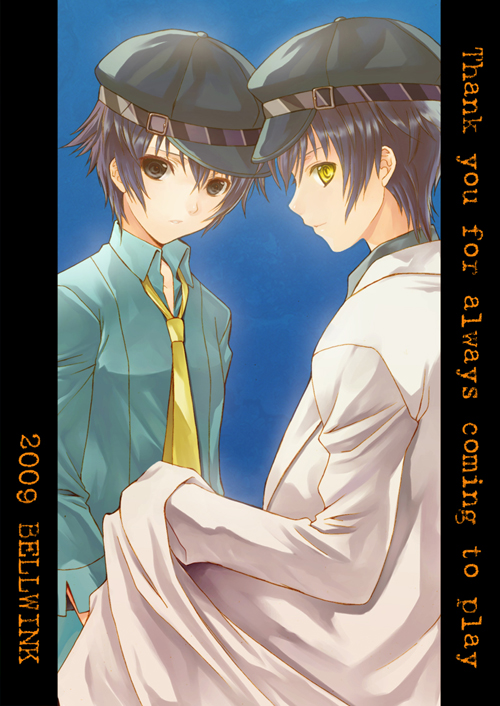 seiru (prairie), shadow (persona), shirogane naoto, atlus, megami tensei, persona, persona 4, shin megami tensei, 00s, 2009, 2girls, blue eyes, blue hair, dark persona, dress shirt, dual persona, hat, lab coat, multiple girls, necktie, reverse trap, shirt, short hair, yellow eyes