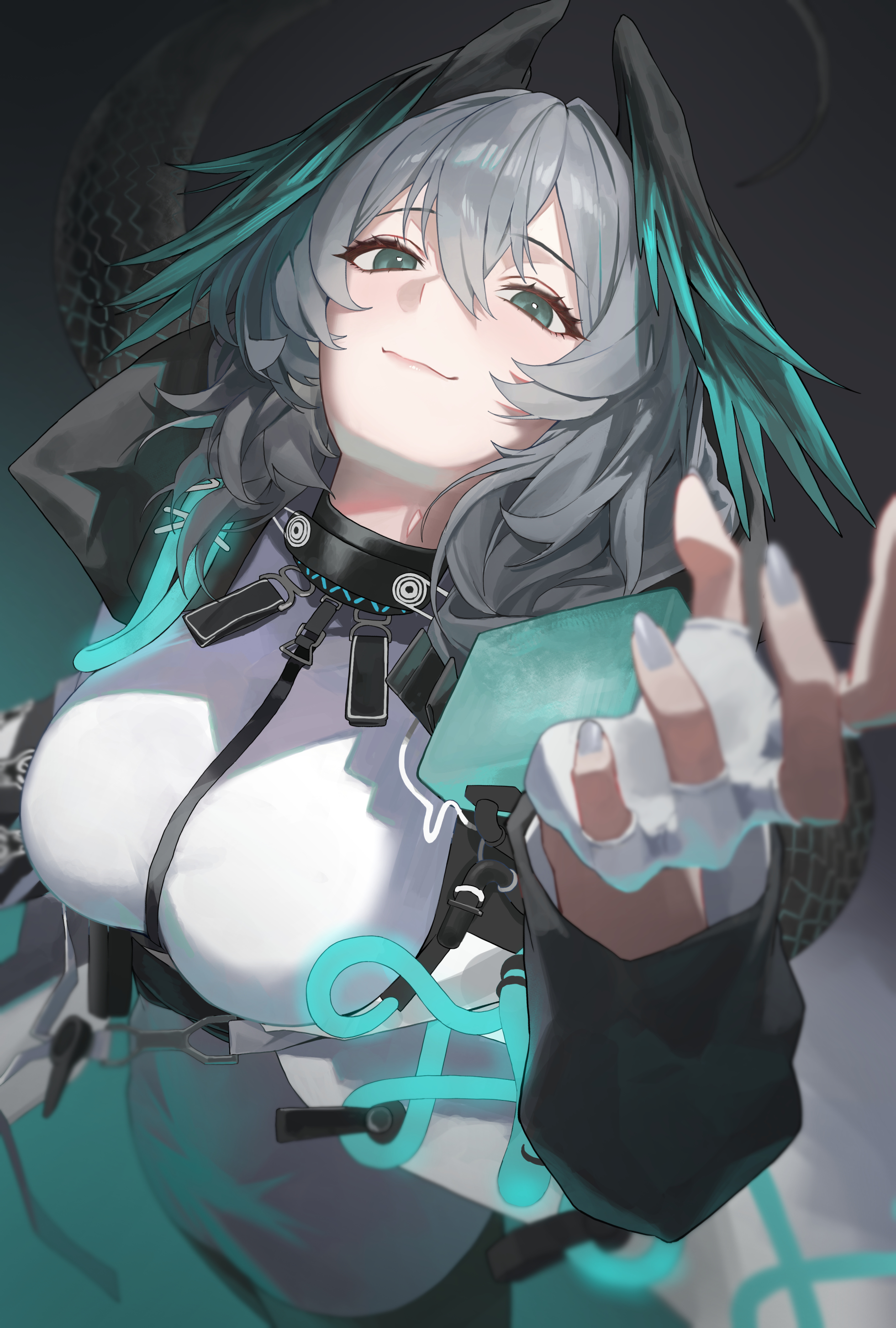 jinsei tsuraiman, ho'olheyak (arknights), infection monitor (arknights), arknights, absurdres, highres, 1girl, between breasts, blue eyes, breasts, closed mouth, coat, dress, feathered wings, fingerless gloves, gloves, grey hair, grey nails, hair between eyes, hand up, head wings, large breasts, light smile, long sleeves, long tail, looking at viewer, medium hair, open clothes, open coat, snake tail, solo, strap between breasts, tail, white dress, white gloves, wings