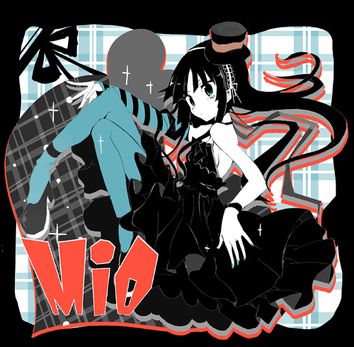 fruit punch, akiyama mio, don't say "lazy", k-on!, striped, lowres, 00s, 1girl, black eyes, black hair, blue pantyhose, blunt bangs, female focus, hat, hime cut, long hair, mini hat, mini top hat, pantyhose, solo, top hat