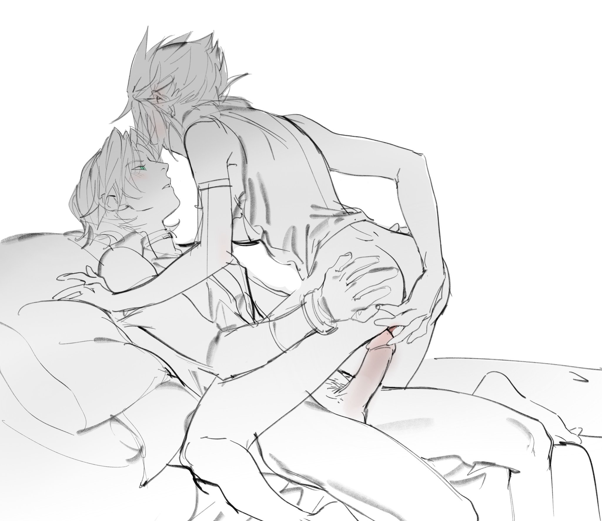 xianyu314, cloud strife, sephiroth, sephiroth (ever crisis), final fantasy, final fantasy vii, final fantasy vii advent children, highres, arm ribbon, ass, barefoot, blush, bracer, coat, ear blush, facing away, full body, genderswap, genderswap (mtf), gloves, green eyes, hair intakes, half-closed eyes, hetero, imminent penetration, kneeling, lying, no armor, no pants, on back, parted bangs, parted lips, pillow, ribbon, short hair, spiked hair, spot color, vest, white background