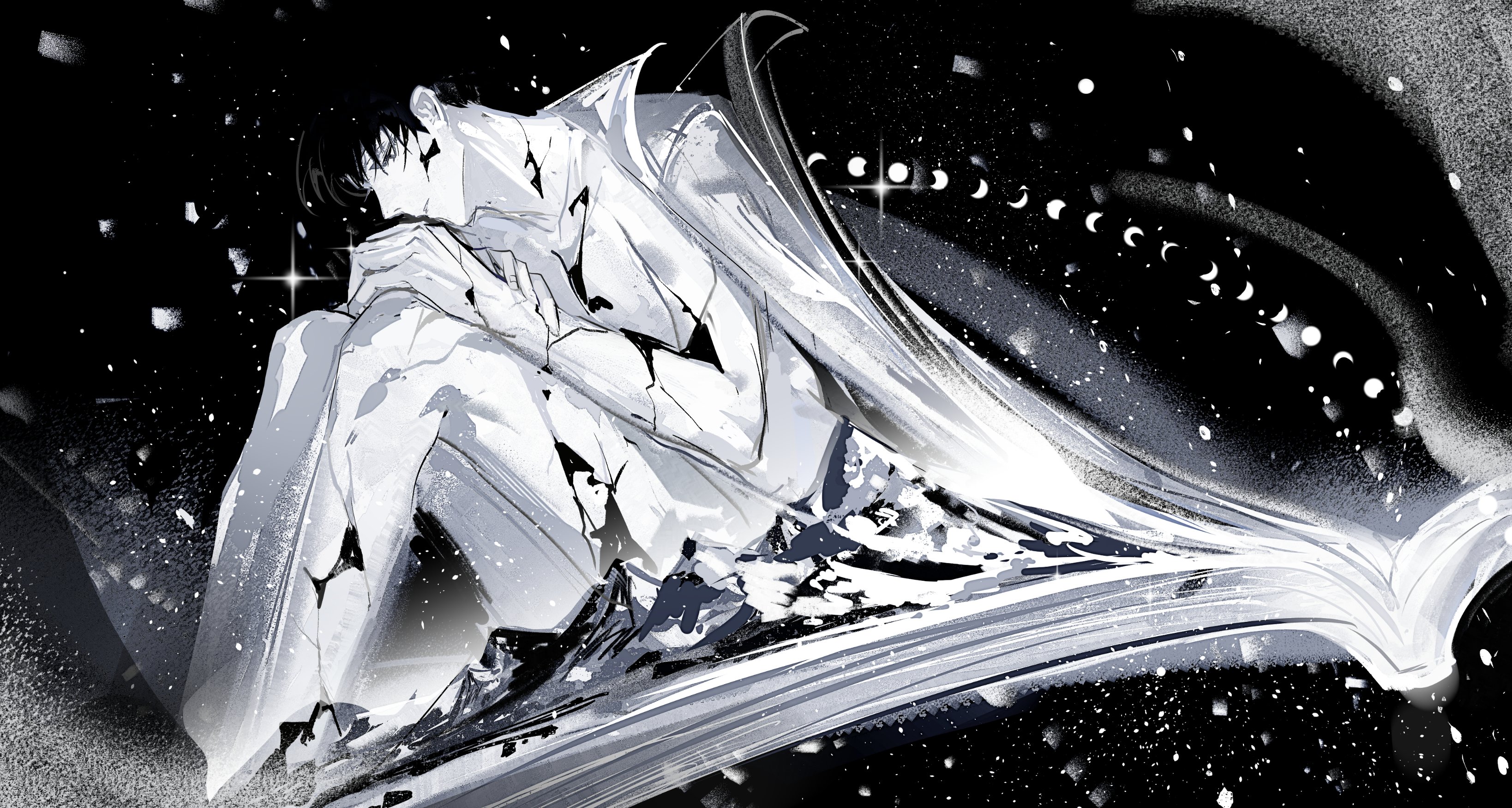 lantercat, kim dokja, omniscient reader's viewpoint, absurdres, highres, 1boy, black hair, book, coat, coat on shoulders, cracked skin, curled up, frown, giant, greyscale, half-closed eye, hand on own knee, hand on own wrist, male focus, monochrome, moon phases, motion blur, mountain, on book, open book, open clothes, open coat, popped collar, short hair, sky, slouching, snow, solo, space, sparkle, star (sky), starry sky, white coat