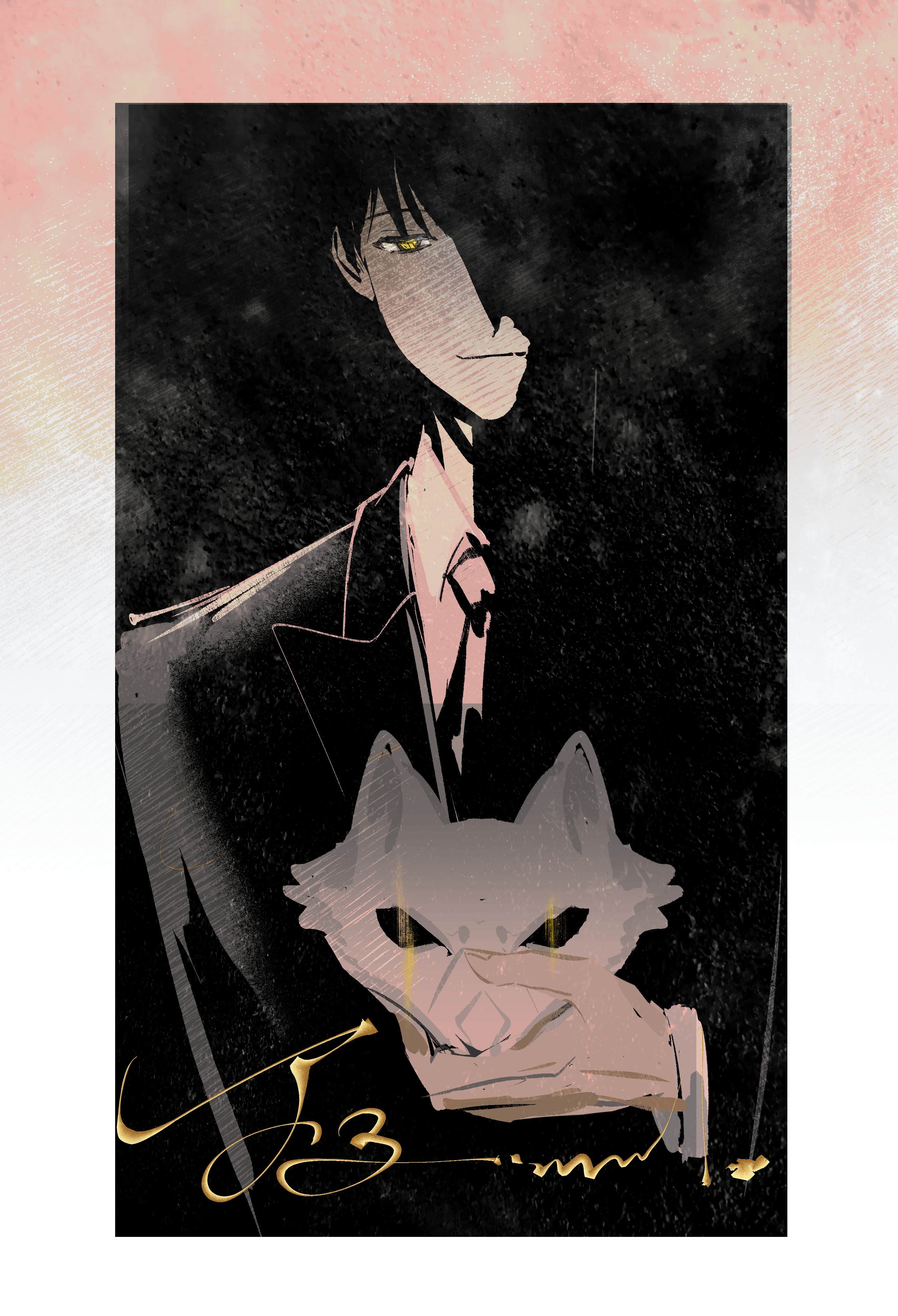 lantercat, kim dokja, omniscient reader's viewpoint, absurdres, commentary, highres, symbol-only commentary, 1boy, black coat, black hair, coat, collared shirt, fox mask, head tilt, holding, holding mask, looking at viewer, mask, partially shaded face, shirt, short hair, smile, solo, upper body, white shirt, yellow eyes