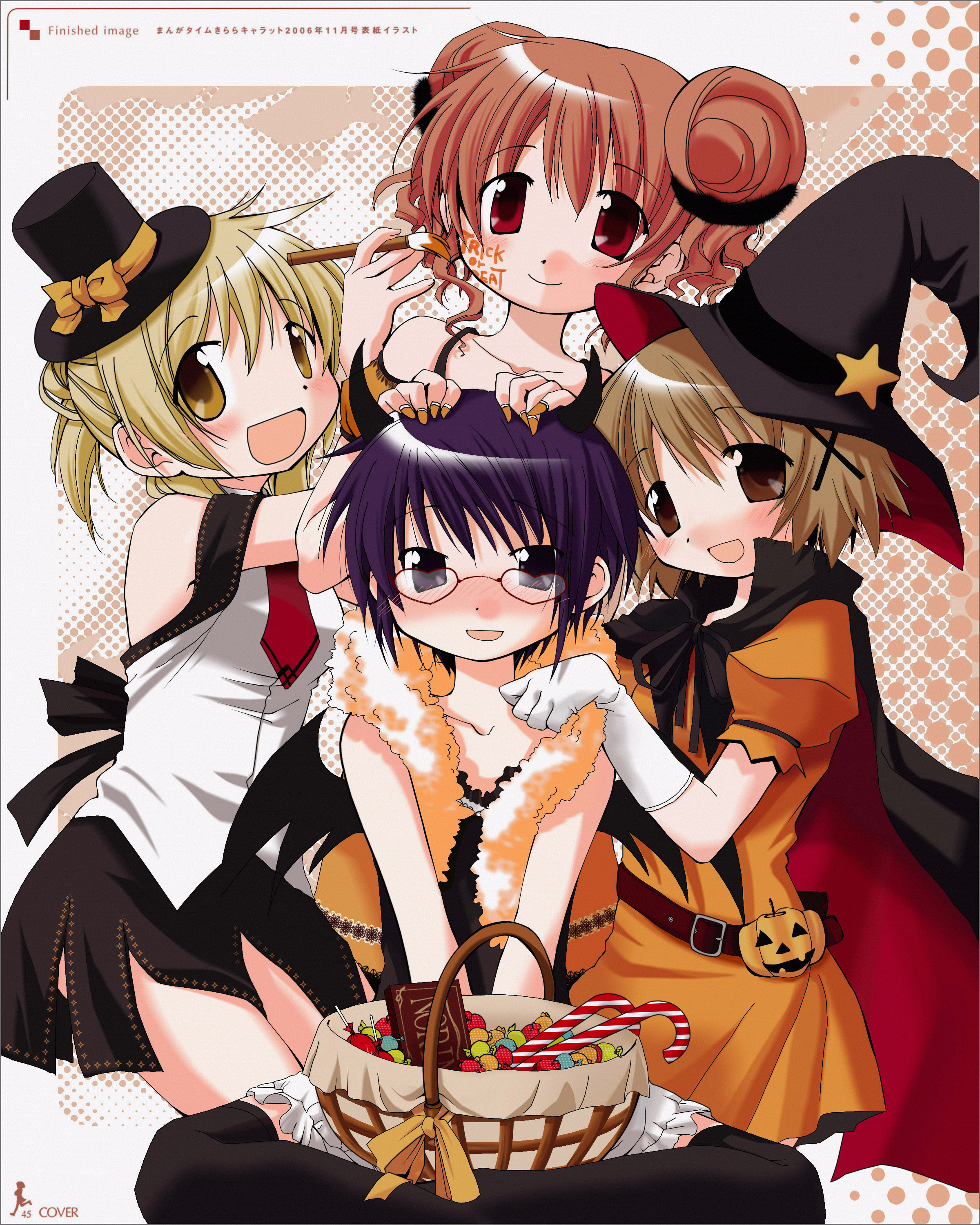 tsundere-san, hiro (hidamari sketch), miyako (hidamari sketch), sae (hidamari sketch), yuno (hidamari sketch), hidamari sketch, absurdres, duplicate, highres, 00s, 4girls, art brush, basket, blonde hair, blue eyes, blue hair, blush, brown eyes, brown hair, candy, candy cane, cape, double bun, facepaint, food, glasses, gloves, hair bun, halloween, hat, horns, jack-o'-lantern, long hair, multiple girls, paintbrush, ponytail, pumpkin, red eyes, red hair, short hair, skirt, smile, thighhighs, trick or treat, witch hat, yellow eyes, zettai ryouiki