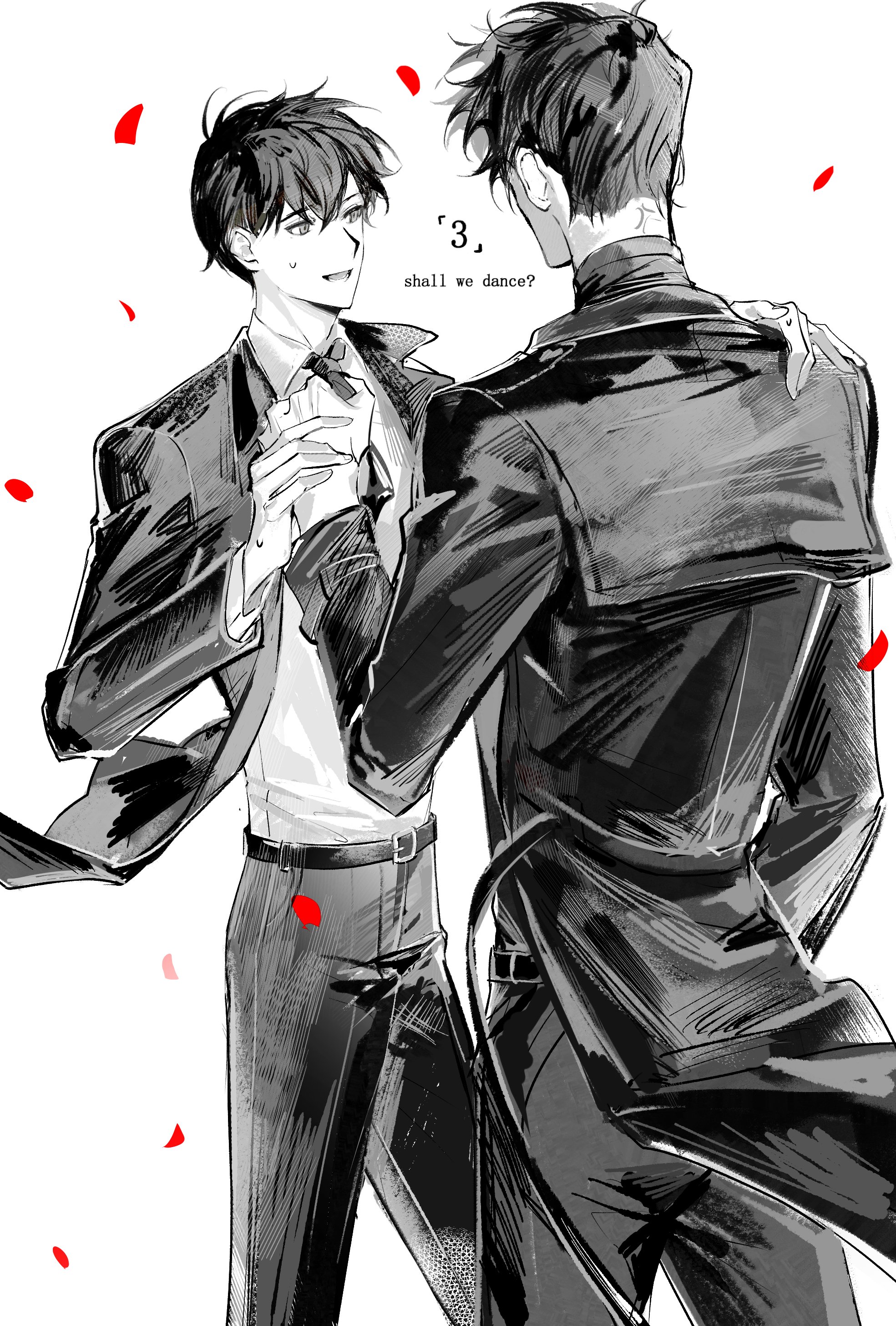 lantercat, kim dokja, yoo joonghyuk, omniscient reader's viewpoint, absurdres, highres, 2boys, :d, black hair, black jacket, collared shirt, cowboy shot, english text, hand on another's shoulder, holding hands, jacket, looking at another, male focus, multiple boys, open clothes, open jacket, open mouth, partially colored, shirt, short hair, skinny, smile, white shirt