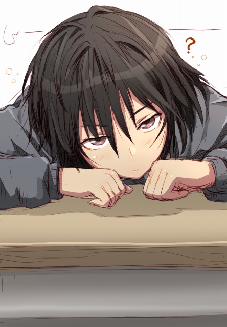 tks46, nanasaki ai, amagami, bad id, bad pixiv id, 1girl, ?, black eyes, black hair, bored, desk, female focus, school uniform, short hair, sleepy, solo, staring