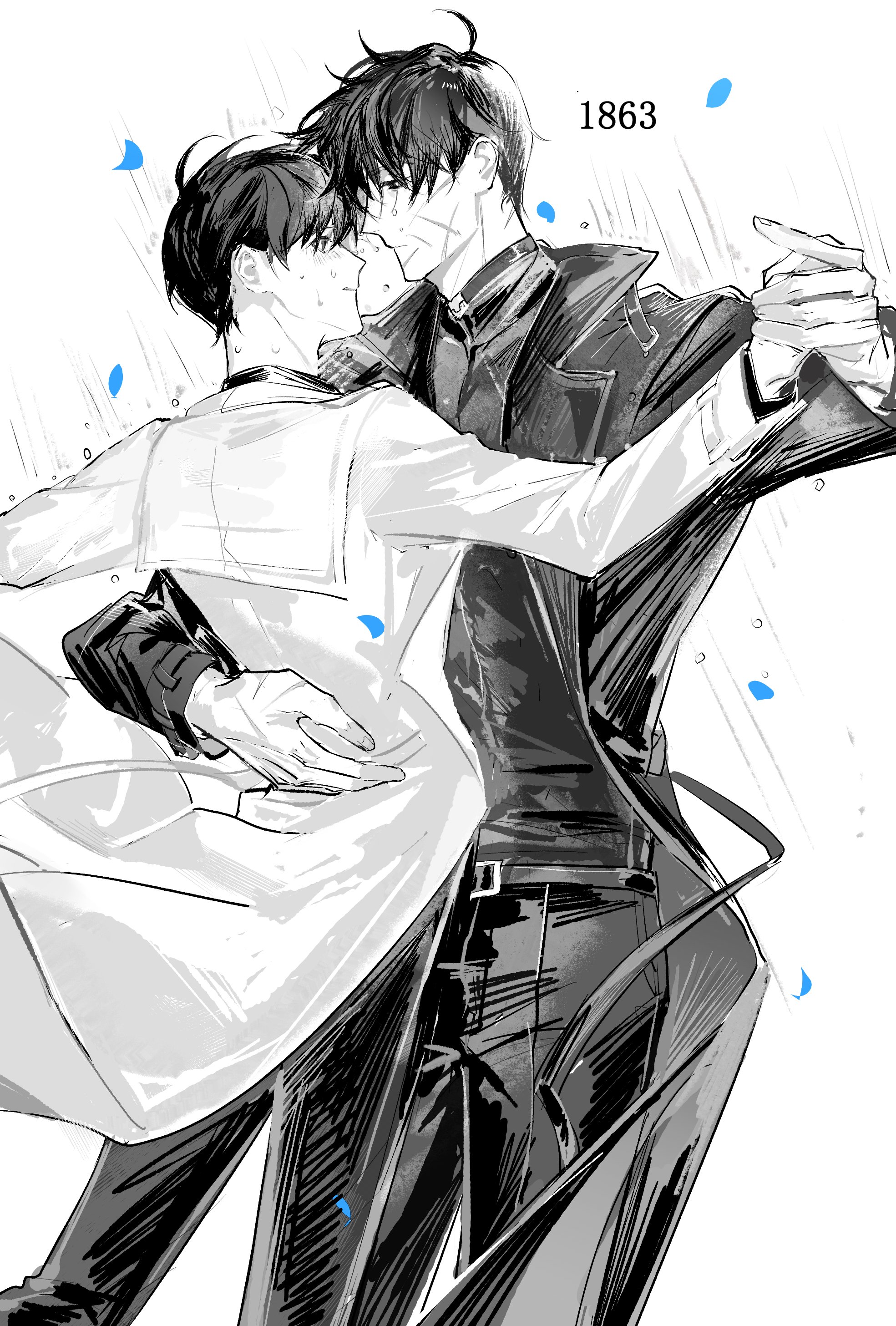 lantercat, kim dokja, secretive plotter, yoo joonghyuk, omniscient reader's viewpoint, absurdres, highres, 2boys, arm around back, black coat, black hair, coat, crew neck, cross scar, dancing, falling petals, holding hands, looking at another, male focus, multiple boys, multiple scars, open clothes, open coat, partially colored, petals, popped collar, rain, scar, scar on face, short hair, white coat