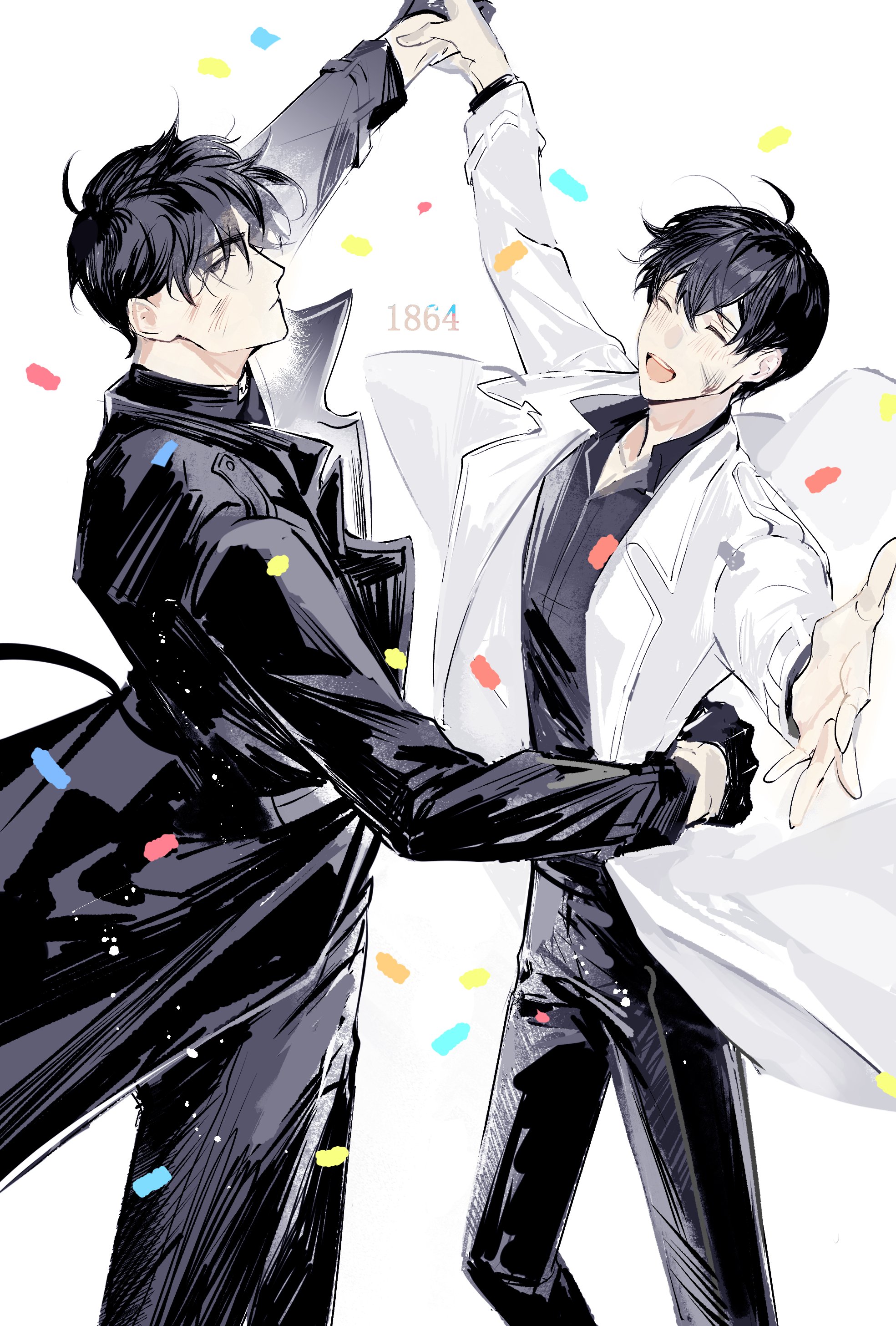 lantercat, kim dokja, secretive plotter, yoo joonghyuk, omniscient reader's viewpoint, absurdres, highres, 2boys, arms up, black coat, black eyes, black gloves, black hair, black shirt, coat, collared shirt, confetti, cowboy shot, dirty, dirty face, expressionless, gloves, grin, holding hands, looking at viewer, male focus, multiple boys, open clothes, open coat, popped collar, shirt, short hair, single glove, smile, white coat