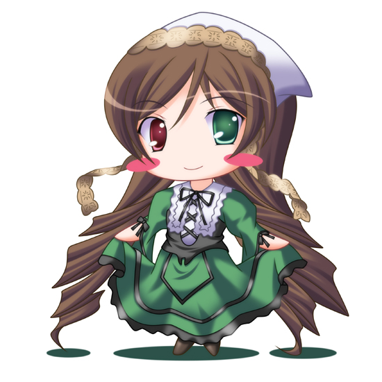 mugen xp, suiseiseki, rozen maiden, 00s, brown hair, chibi, dress, hairband, headscarf, heterochromia, long hair, solo, very long hair, white headscarf