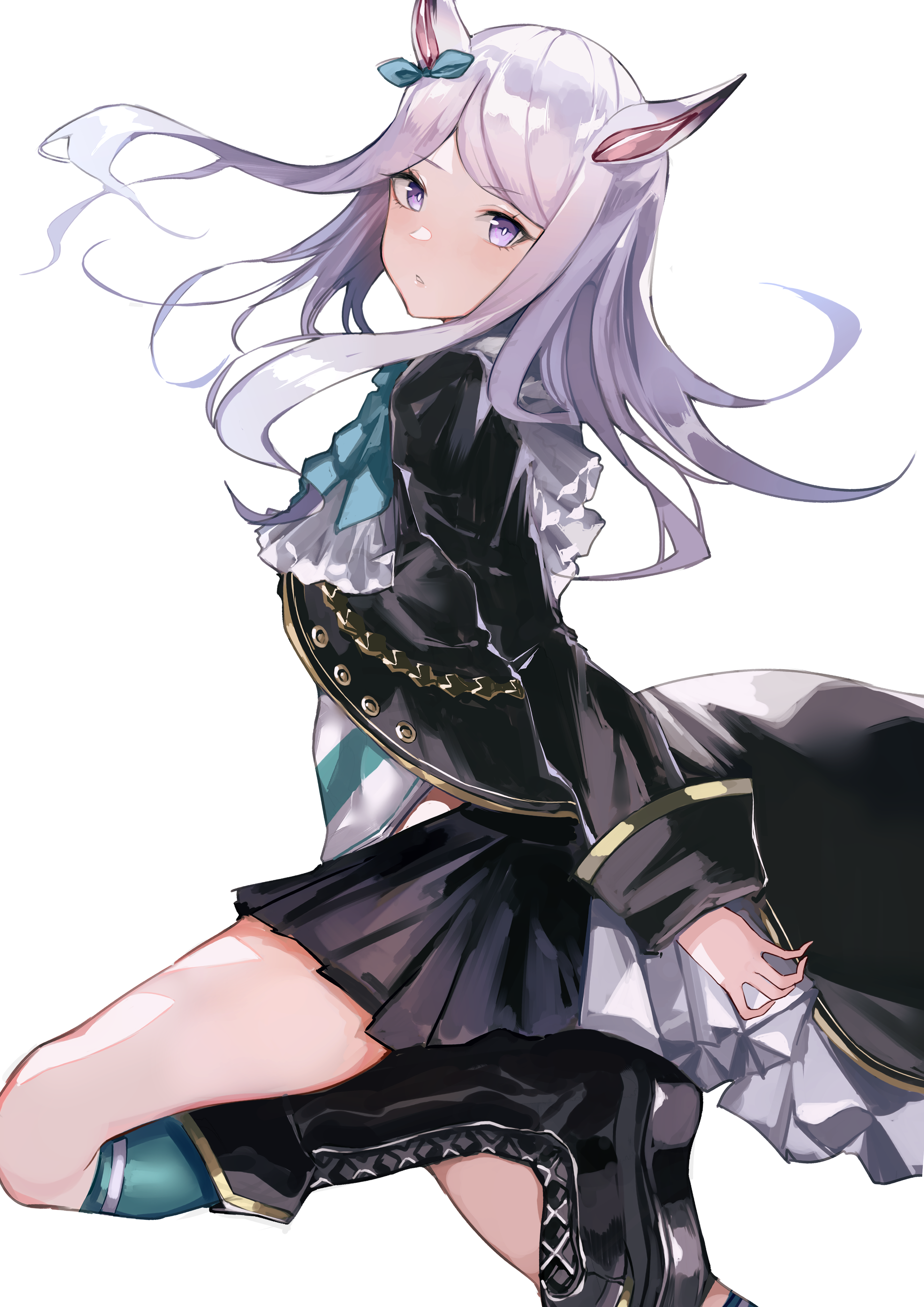sas (ls08b), mejiro mcqueen (frontline elegance) (umamusume), mejiro mcqueen (umamusume), umamusume, absurdres, highres, 1girl, animal ears, ascot, black boots, black coat, black skirt, blue ascot, boots, coat, from side, horse ears, horse girl, lace-up boots, leg up, long hair, long sidelocks, long sleeves, looking at viewer, parted lips, pleated skirt, purple eyes, purple hair, shirt, sidelocks, simple background, skirt, solo, swept bangs, thighs, white ascot, white background, white shirt