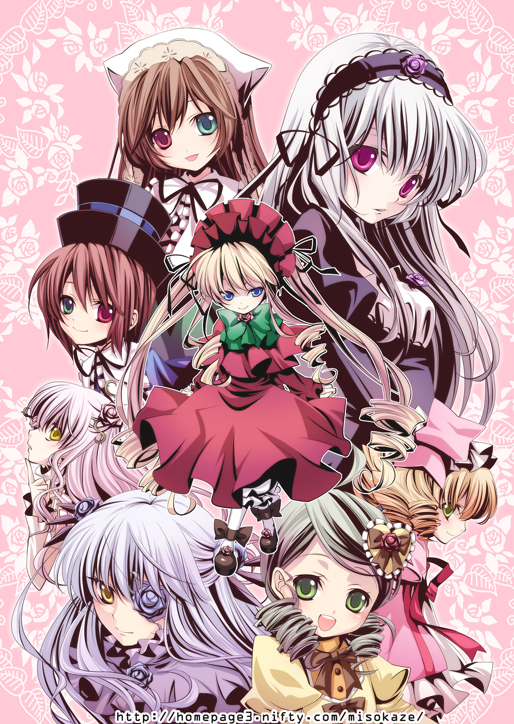 moru, barasuishou, hinaichigo, kanaria, kirakishou, shinku, souseiseki, suigintou, suiseiseki, rozen maiden, silver hair, bad id, bad pixiv id, highres, 00s, 6+girls, blonde hair, blue eyes, bonnet, bow, brown hair, dress, drill hair, everyone, eyepatch, flower, flower eyepatch, flower over eye, frills, green eyes, green hair, hair ornament, hairband, hat, heterochromia, long hair, multiple girls, pink bow, pink hair, purple eyes, purple hair, ribbon, short hair, smile, twintails, two side up, yellow eyes