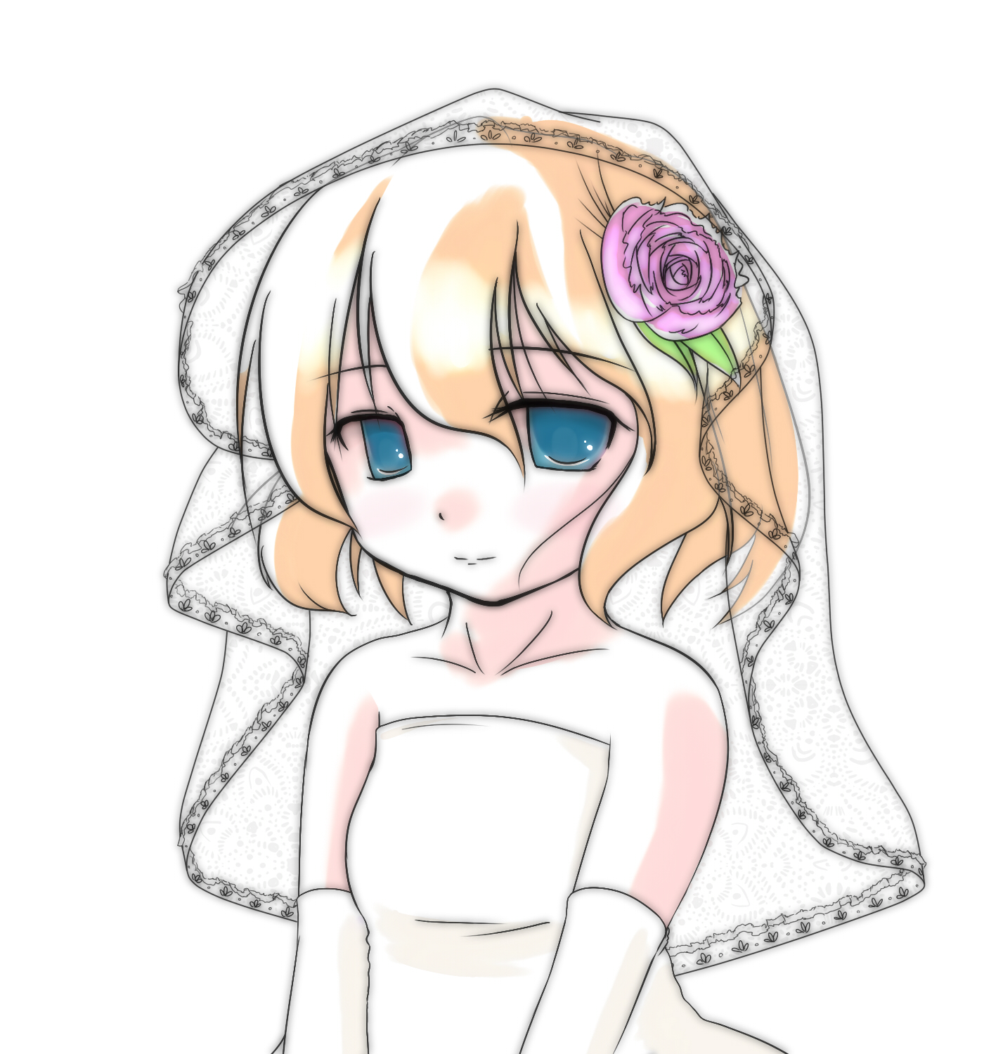 tatsun, alice margatroid, touhou, highres, 1girl, bare shoulders, blonde hair, blue eyes, bridal veil, bride, dress, elbow gloves, female focus, flat chest, flower, gloves, plant, simple background, solo, strapless, strapless dress, veil, wedding dress, white background