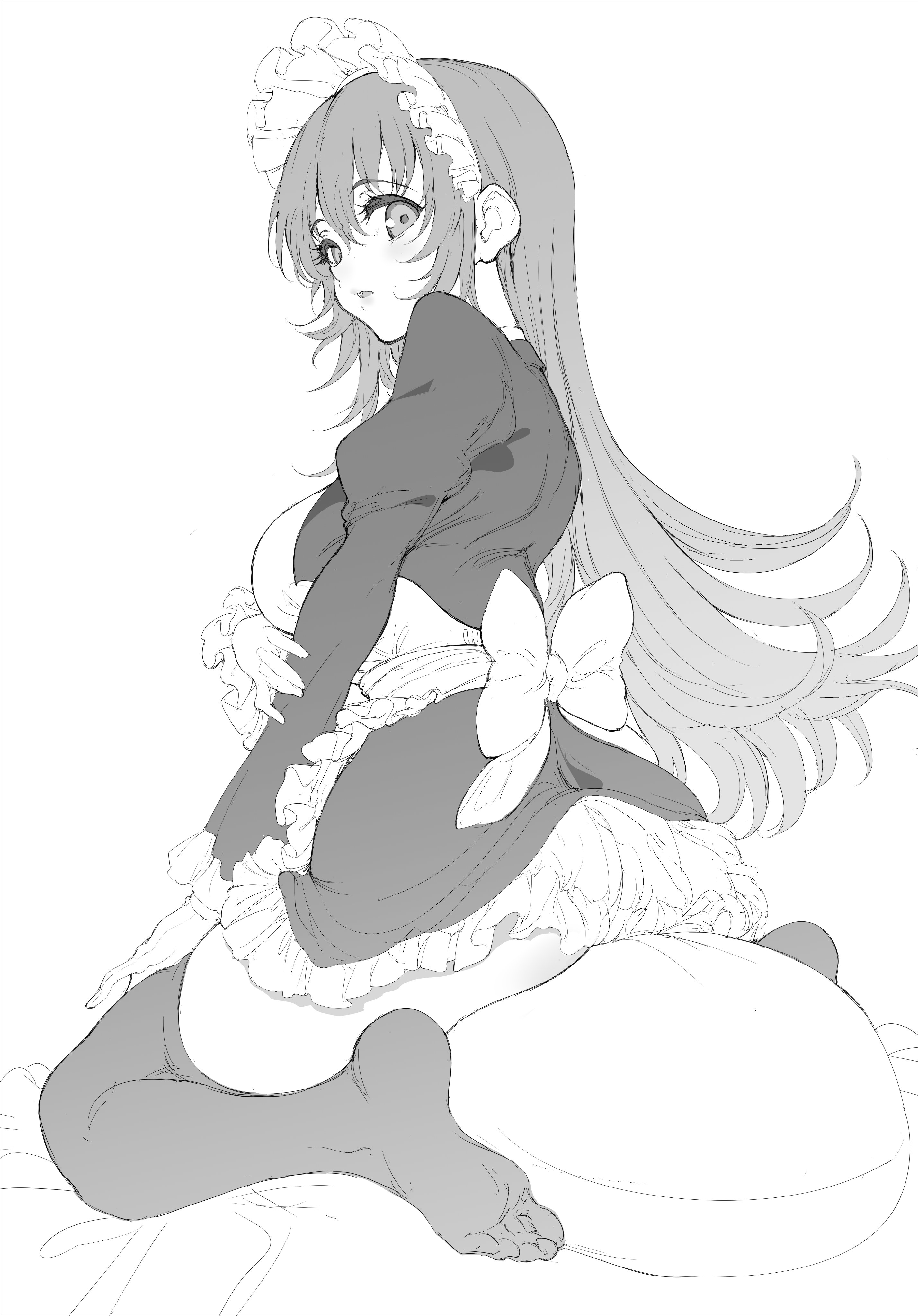 kyokucho, original, absurdres, commentary request, highres, 1girl, apron, ass, blush, bow, breasts, dress, feet, frilled skirt, frilled sleeves, frills, from behind, full body, greyscale, hair between eyes, holding own arm, juliet sleeves, kneeling, large breasts, long hair, long sleeves, looking at viewer, looking to the side, maid, maid apron, maid headdress, monochrome, no shoes, open mouth, puffy sleeves, simple background, sitting, sitting on pillow, skirt, solo, thighhighs, very long hair, wariza, white background