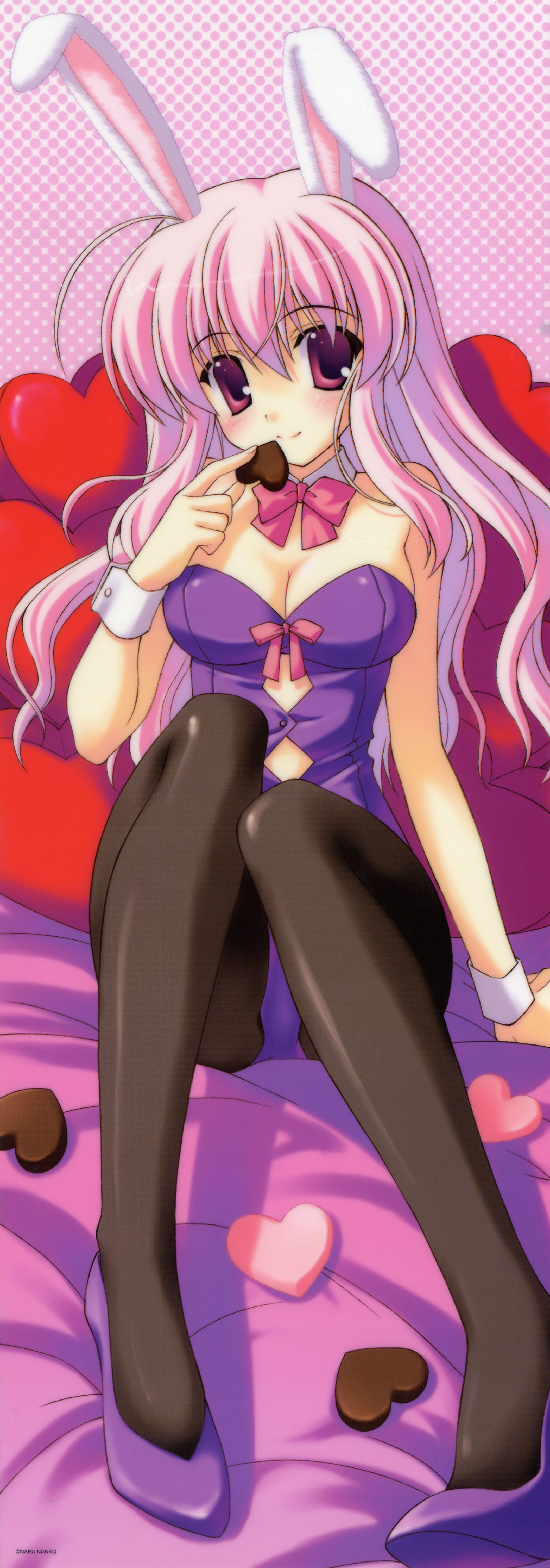 nanao naru, absurdres, highres, long image, tall image, 1girl, animal ears, breasts, chocolate, cleavage, fake animal ears, female focus, heart, large breasts, pantyhose, pink eyes, pink hair, playboy bunny, rabbit ears, smile, solo, stick poster, wrist cuffs