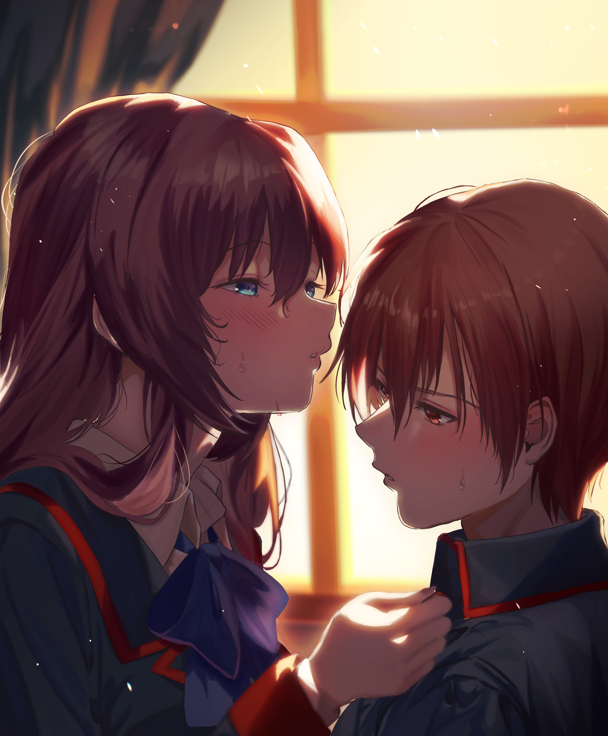 miiizuno lbs, a-chan (little busters!), natsume kyousuke, little busters!, absurdres, commentary request, highres, 1boy, 1girl, backlighting, black jacket, blue bow, blue eyes, blush, bow, brown eyes, brown hair, collared shirt, couple, embarrassed, eyelashes, from side, hair between eyes, hair over shoulder, half-closed eyes, hetero, imminent kiss, indoors, jacket, light particles, little busters! school uniform, long hair, long sleeves, looking at another, parted lips, profile, puckered lips, school uniform, shirt, short hair, sidelocks, sunset, sweat, upper body, v-shaped eyebrows, white shirt, window