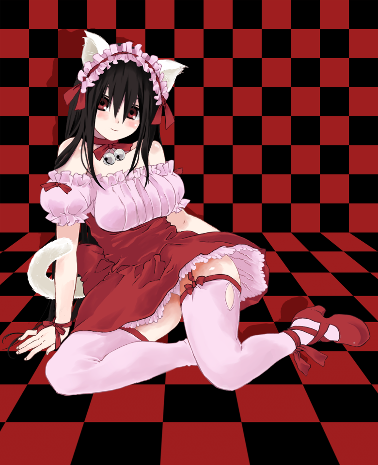 ekra, komori kiri, sayonara zetsubou sensei, 00s, 1girl, animal ears, bell, black hair, blush, cat ears, cat tail, checkered floor, choker, collar, dress, female focus, garter belt, garter straps, hairband, jingle bell, lolita fashion, lolita hairband, long hair, neck bell, panties, pantyshot, pink thighhighs, red eyes, ribbon, ribbon choker, sitting, solo, tail, tail ornament, tail ribbon, thighhighs, underwear, upskirt, yokozuwari, zettai ryouiki