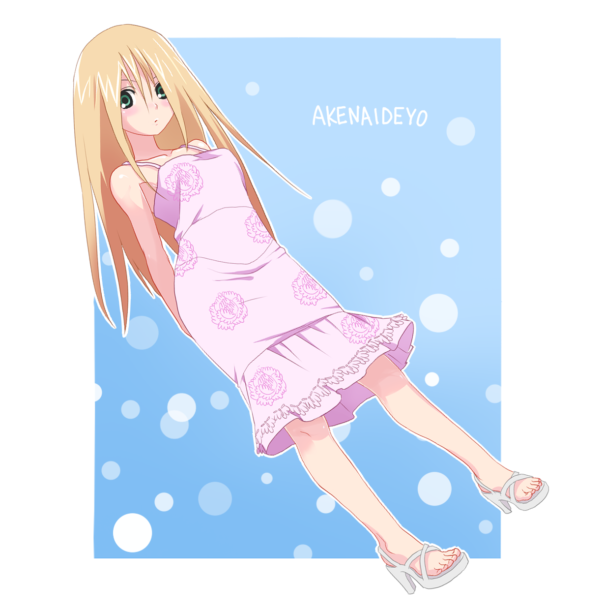 ekra, komori kiri, sayonara zetsubou sensei, highres, 00s, alternate color, blonde hair, blush, dress, feet, green eyes, long hair, sandals, solo