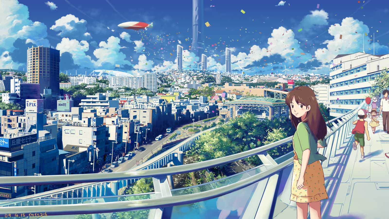 isai shizuka, original, highres, 2boys, 3girls, aircraft, black eyes, brown hair, city, cityscape, cloud, day, dirigible, long hair, megastructure, multiple boys, multiple girls, road, scenery, skirt, sky, solo focus