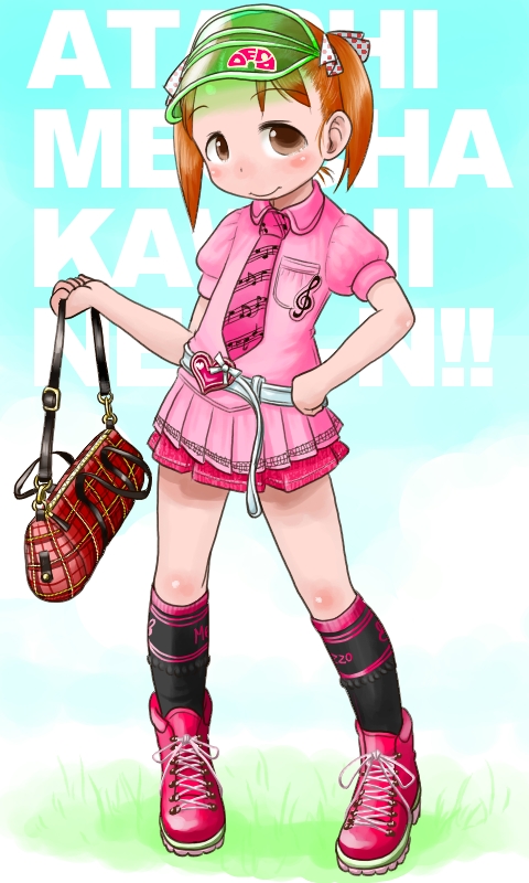 boro, matsuoka miu, ichigo mashimaro, plaid, striped, visor, 1girl, bag, belt, brown eyes, brown hair, child, female focus, hair ribbon, handbag, kneehighs, necktie, ribbon, short twintails, skirt, socks, solo, twintails, visor cap