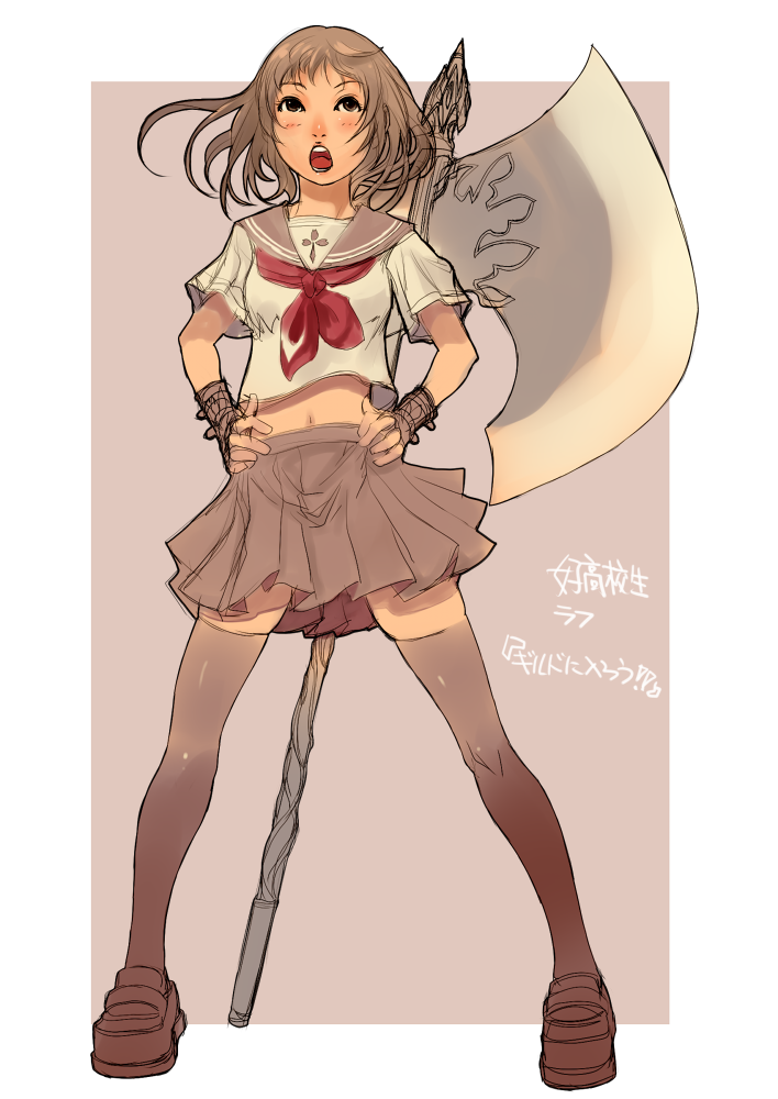 kansou samehada, original, bad id, bad pixiv id, axe, brown eyes, brown hair, navel, open mouth, school uniform, serafuku, skirt, solo, thighhighs, weapon, wristband, zettai ryouiki
