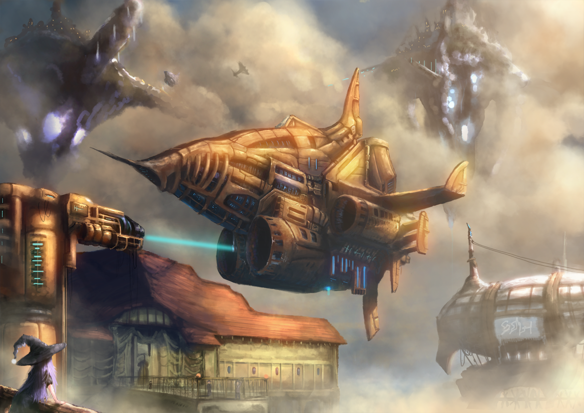 angu, original, bad id, bad pixiv id, 1girl, aircraft, airship, dirigible, fantasy, floating island, flying, hat, laser, long hair, purple hair, science fiction, smoke, witch hat