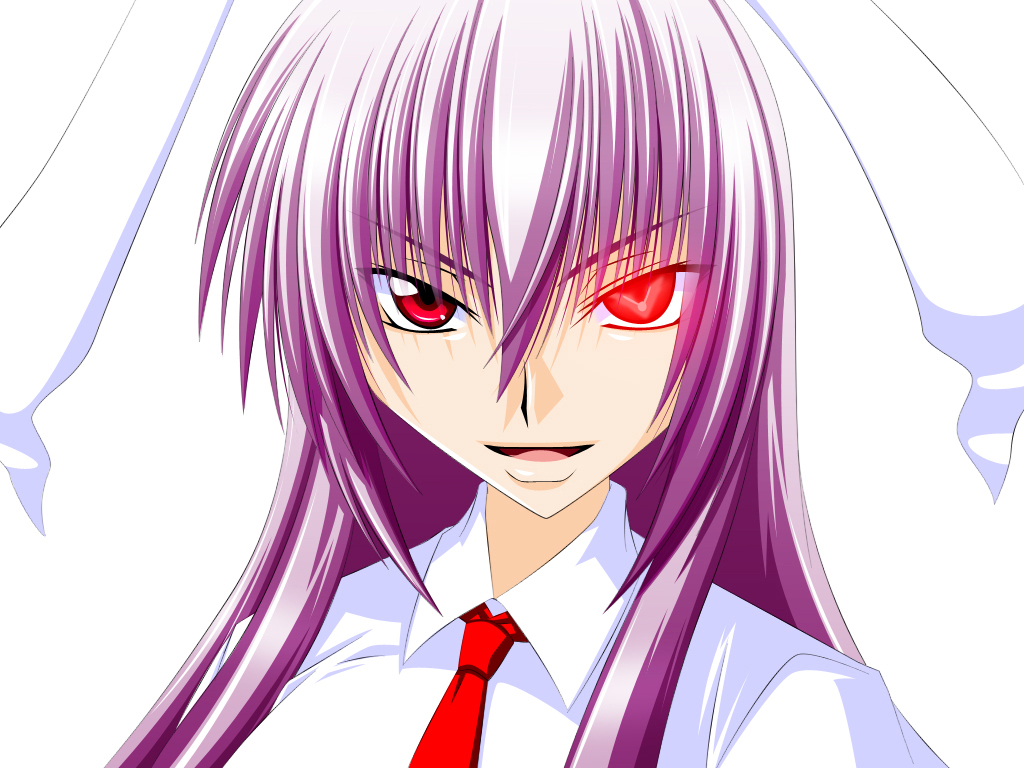 engo (aquawatery), reisen udongein inaba, code geass, touhou, 1girl, animal ears, female focus, geass, glowing, glowing eye, glowing eyes, long hair, necktie, parody, purple hair, rabbit ears, red eyes, red necktie, solo