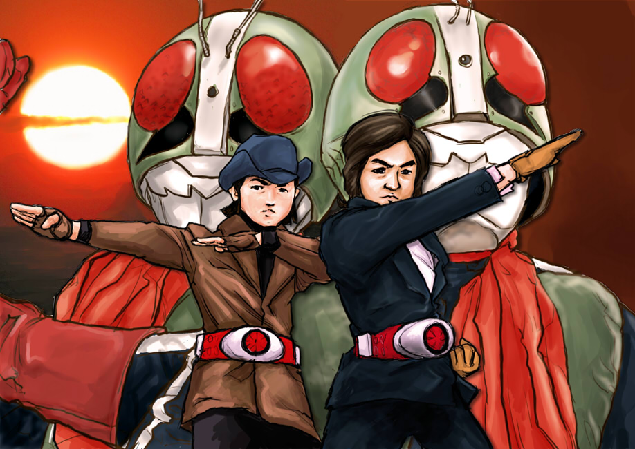 mougira, hongou takeshi, ichimonji hayato, kamen rider 1, kamen rider 2, kamen rider, kamen rider (1st series), bad id, bad pixiv id, 2boys, belt, gloves, hat, multiple boys