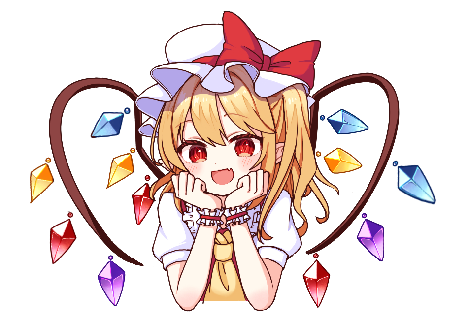motimotiomoti723, flandre scarlet, touhou, commentary, 1girl, ascot, blonde hair, blush, bow, cropped torso, crystal wings, fang, frilled hat, frilled wristband, frills, hat, hat bow, looking at viewer, medium hair, mob cap, one side up, pointy ears, red bow, red eyes, red vest, shirt, short sleeves, simple background, skin fang, smile, solo, upper body, vest, white background, white hat, white shirt, wings, yellow ascot