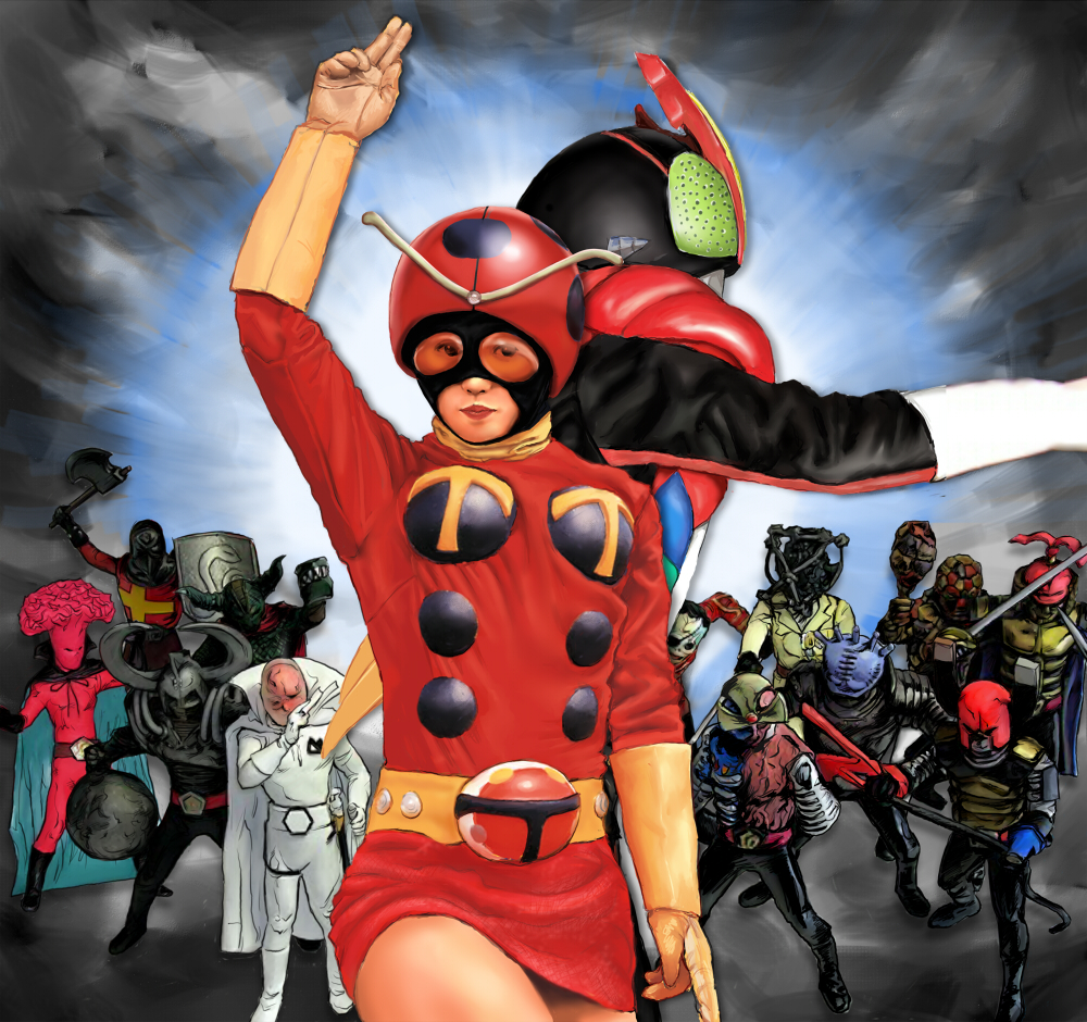 mougira, electro wave human tackle, kamen rider stronger, kamen rider, kamen rider stronger (series), bad id, bad pixiv id, 1girl, 6+boys, belt, gloves, multiple boys