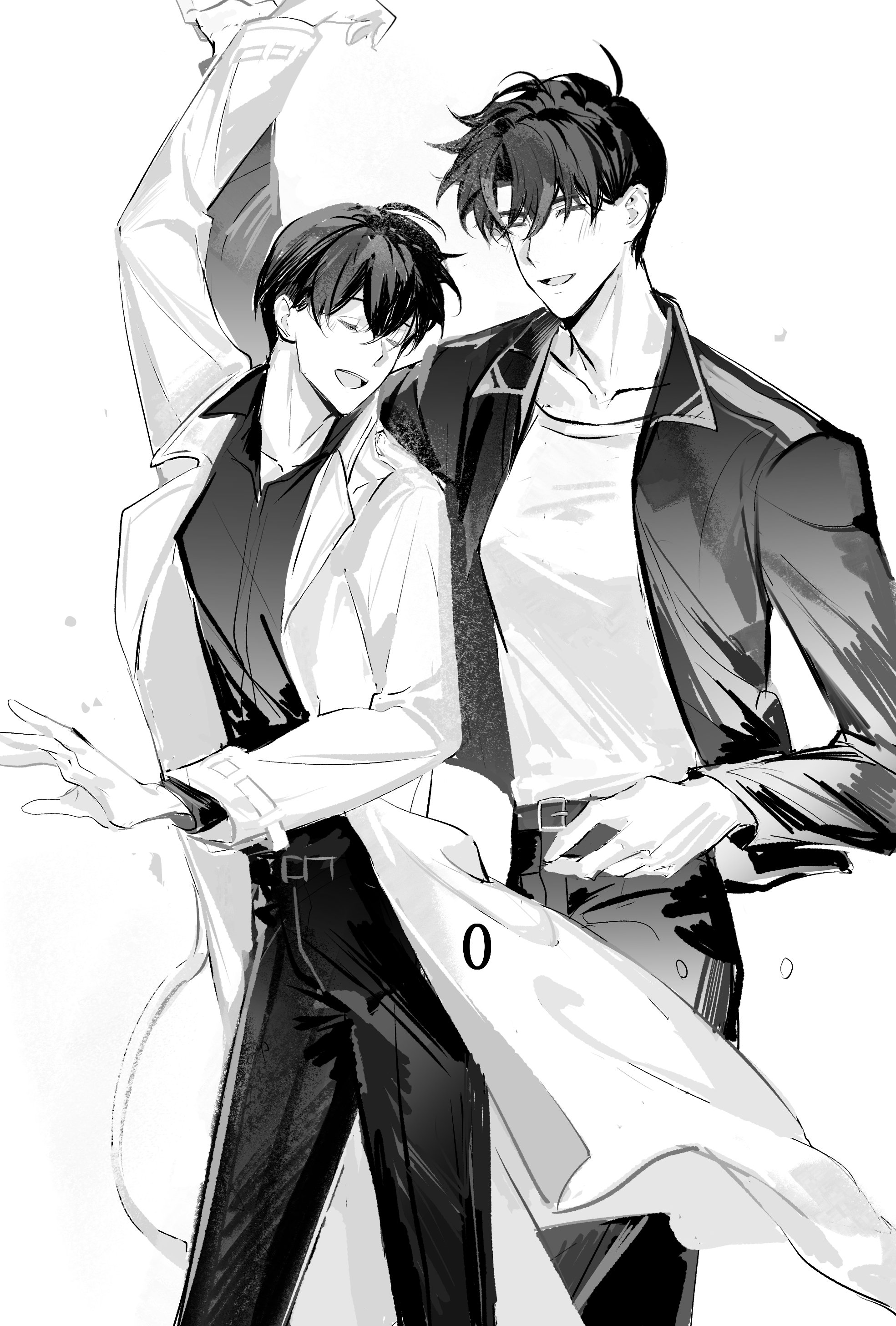 lantercat, kim dokja, yoo joonghyuk, omniscient reader's viewpoint, absurdres, highres, 2boys, ;d, arms up, belt, black hair, black jacket, black shirt, closed eyes, coat, cowboy shot, dancing, greyscale, grin, holding hands, jacket, male focus, monochrome, multiple boys, one eye closed, open clothes, open coat, open mouth, outstretched arm, popped collar, shirt, short hair, smile, spinning, white coat, white shirt