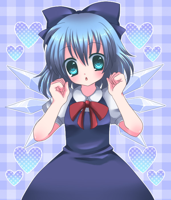 ui (yk), cirno, embodiment of scarlet devil, touhou, bad id, bad pixiv id, 1girl, blue eyes, blue hair, bow, bowtie, dress, female focus, hair bow, heart, matching hair/eyes, solo, wings