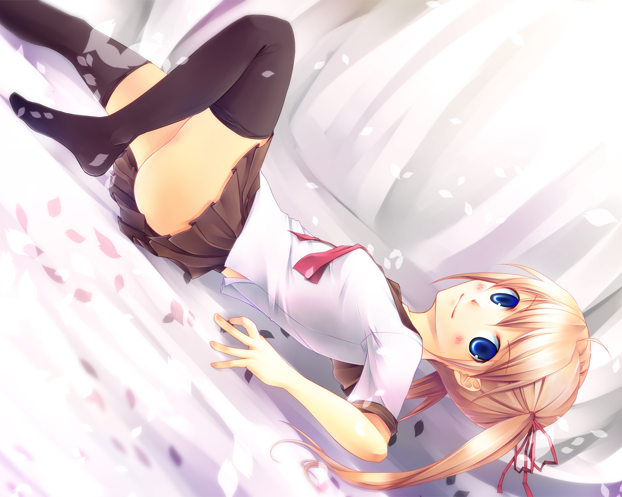 yoshino ryou, original, bad id, bad pixiv id, ahoge, black thighhighs, blonde hair, blue eyes, blush, cherry blossoms, dutch angle, long hair, lying, petals, school uniform, skirt, solo, thighhighs, twintails, zettai ryouiki