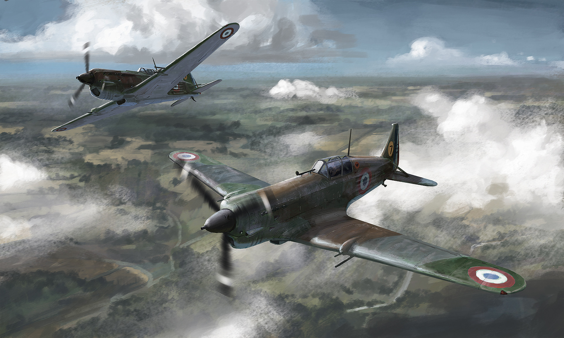 edouard groult, supermarine spitfire, original, highres, above clouds, aircraft, airplane, cloud, military vehicle, propeller fighter, rural, scenery, shadow, sunlight, vehicle focus