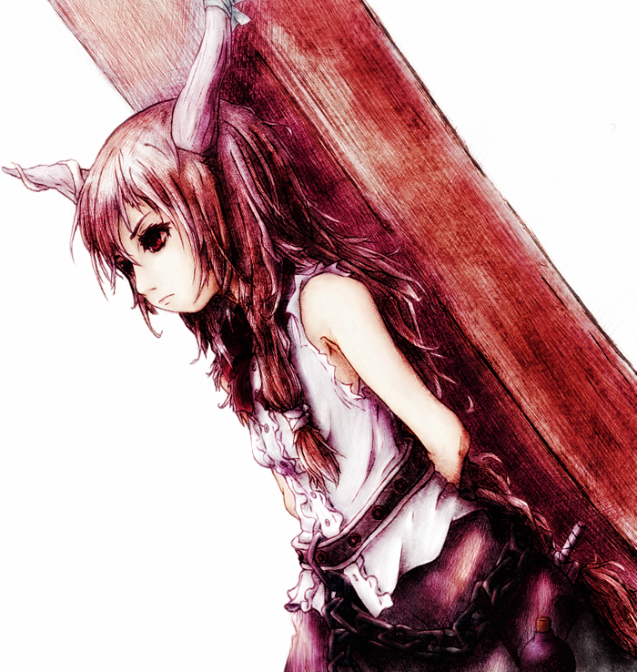 motachin, ibuki suika, touhou, bad id, bad pixiv id, 1girl, dutch angle, female focus, flat chest, horns, skirt, solo, white background