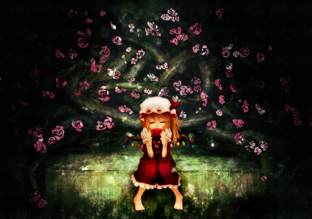 motachin, flandre scarlet, touhou, 1girl, apple, barefoot, blouse, female focus, flower, food, fruit, full body, hat, mob cap, plant, rose, shirt, sitting, solo, white hat, white shirt