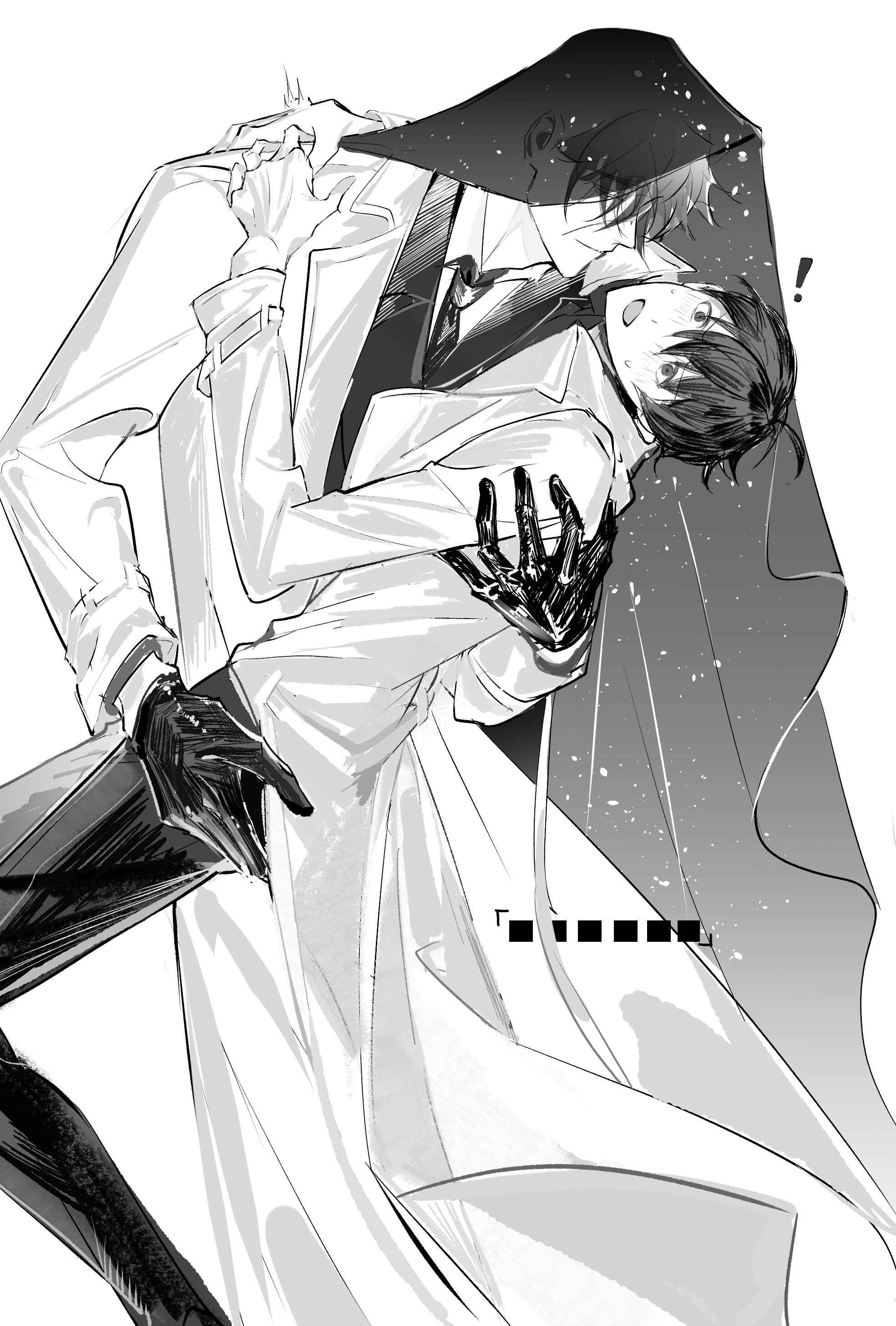 lantercat, kim dokja, secretive plotter, yoo joonghyuk, omniscient reader's viewpoint, absurdres, highres, !, 2boys, :o, arm around back, black eyes, black gloves, black hair, black necktie, black vest, cloak, coat, collared shirt, dancing, dip (dance move), feet out of frame, gloves, greyscale, hand on another's leg, hand on another's shoulder, hands on another's shoulders, hood, hood up, hooded cloak, male focus, monochrome, multiple boys, necktie, open clothes, open coat, popped collar, shirt, short hair, starry sky print, vest, white coat, white shirt