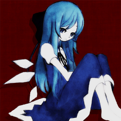 motachin, cirno, touhou, bad id, bad pixiv id, lowres, 1girl, alternate hair length, alternate hairstyle, barefoot, female focus, long hair, solo