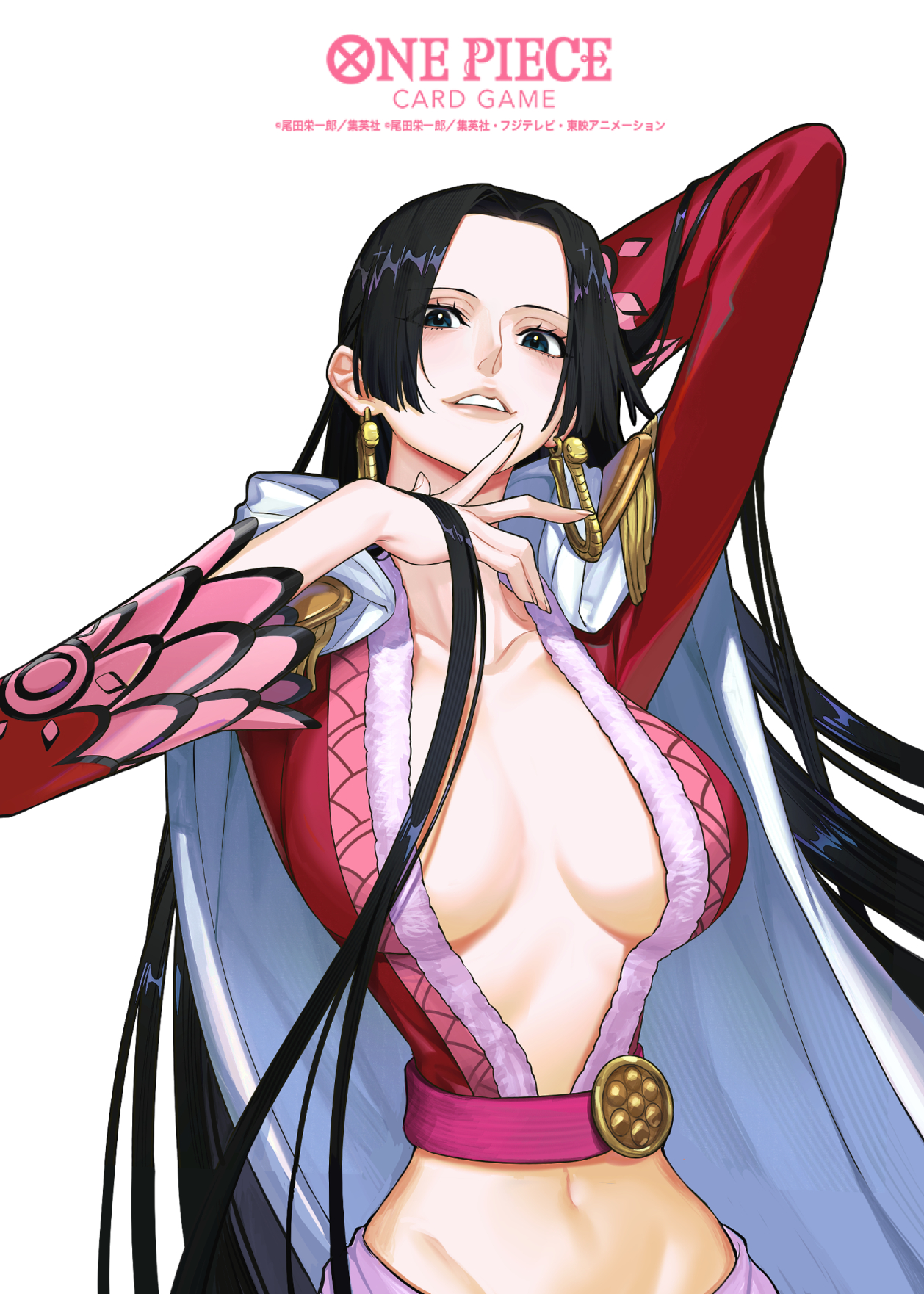sunohara (encount), boa hancock, one piece, one piece card game, commentary request, highres, official art, 1girl, black hair, blue eyes, cape, copyright name, earrings, eyelashes, hood, hooded cape, jewelry, long hair, long sleeves, looking at viewer, navel, parted lips, plunging neckline, sidelocks, simple background, snake earrings, solo, upper body, white background, white cape