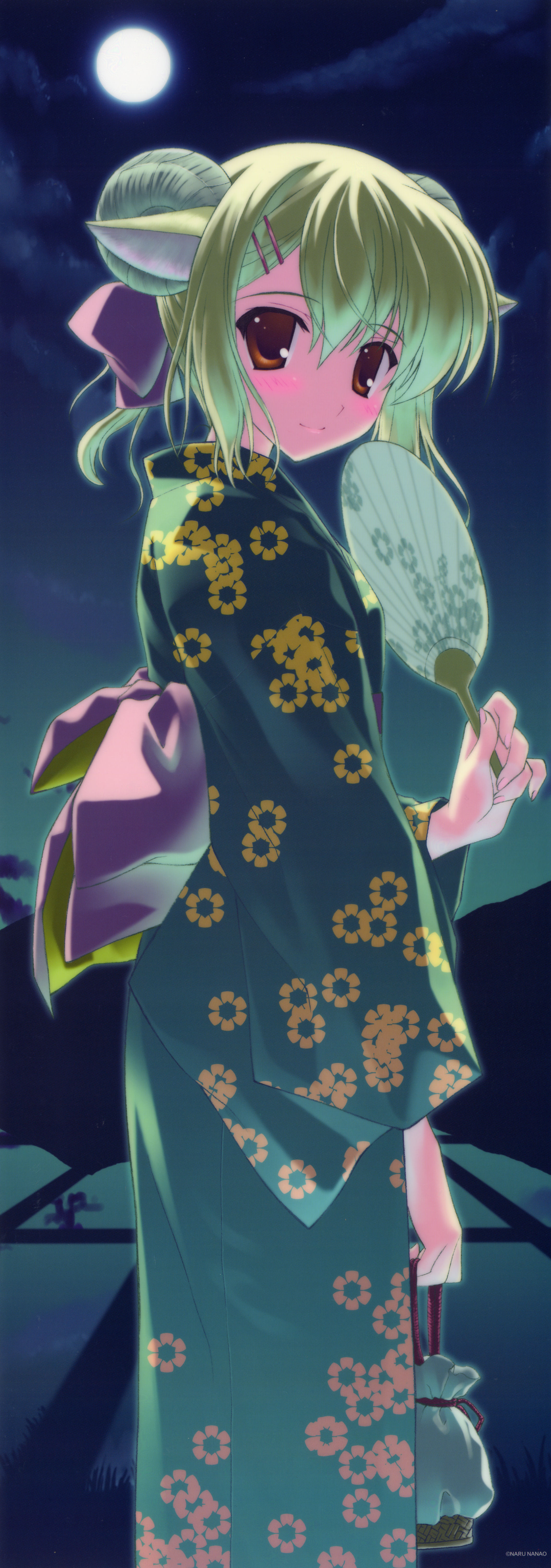 nanao naru, absurdres, highres, long image, tall image, 1girl, animal ears, blonde hair, blush, brown eyes, female focus, green hair, green kimono, hand fan, horns, japanese clothes, kimono, moon, night, smile, solo, stick poster, yukata