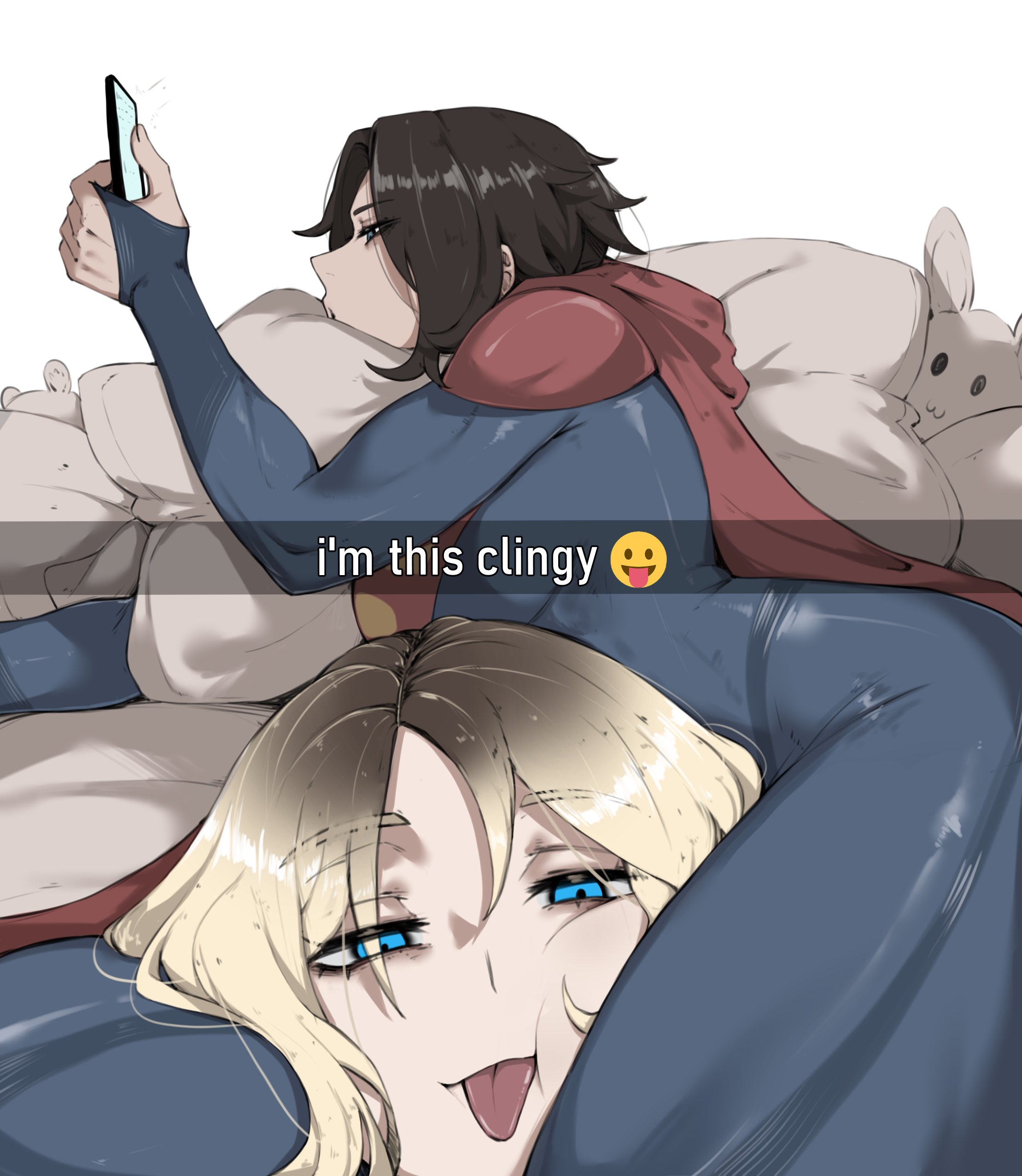masoq, supergirl, dc comics, dc extended universe, superman (2025), superman (series), the flash (movie), absurdres, commentary, english commentary, highres, 2girls, blonde hair, blue eyes, bodysuit, breasts, cape, long hair, long sleeves, looking at viewer, medium breasts, meme, multiple girls, red cape, short hair, smile, superhero costume, yuri