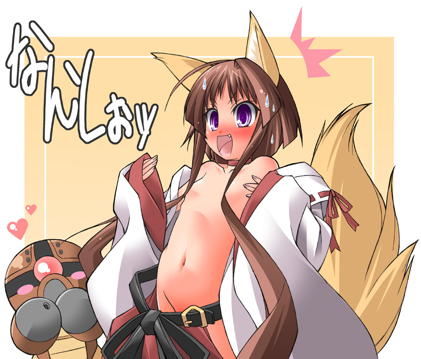 jun'you maru, acguy, original, animal ears, blush, brown hair, censored, convenient censoring, fang, flat chest, fox ears, fox tail, heart, japanese clothes, loli, miko, purple eyes, robot, solo, surprised, sweatdrop, tail, wardrobe malfunction