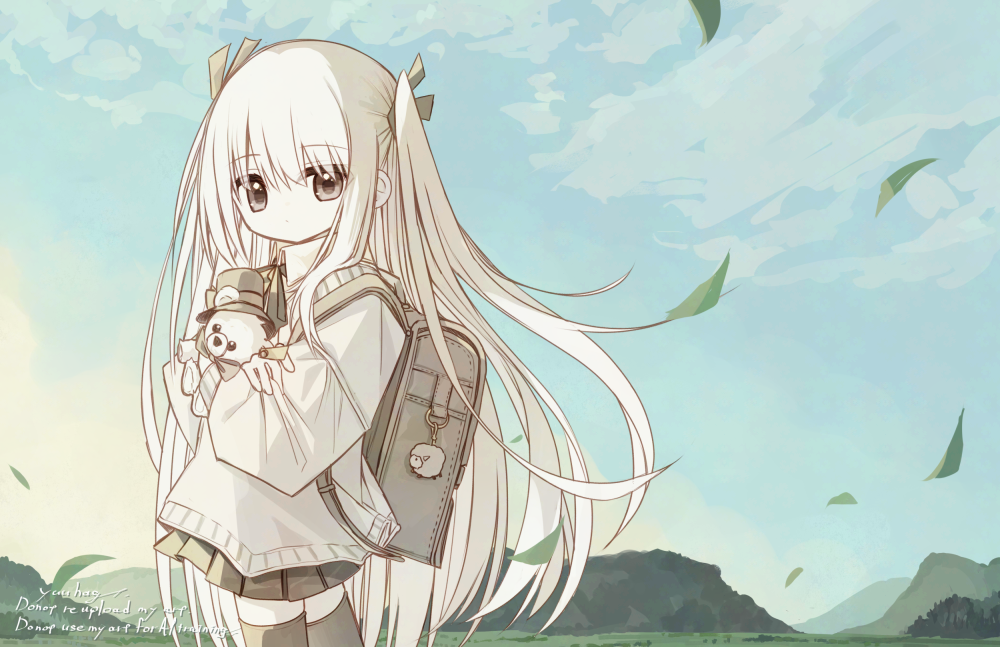 yuuhagi (amaretto-no-natsu), bunny girl (yuuhagi (amaretto-no-natsu)), original, commentary request, 1girl, backpack, bag, black eyes, closed mouth, dot mouth, grey bag, grey skirt, grey thighhighs, holding, holding stuffed toy, long hair, long sleeves, miniskirt, outdoors, pleated skirt, puffy long sleeves, puffy sleeves, randoseru, shirt, skirt, sky, solo, stuffed animal, stuffed toy, thighhighs, two side up, very long hair, watermark, white hair, white shirt