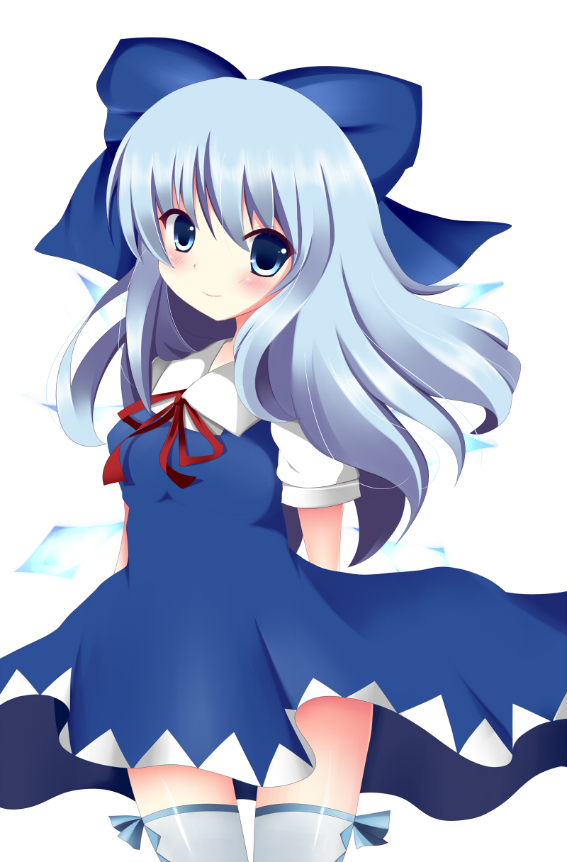 yuyu (snowmelody), cirno, touhou, bad id, bad pixiv id, highres, 1girl, aged up, alternate hair length, alternate hairstyle, blue eyes, blue hair, female focus, long hair, matching hair/eyes, solo, thighhighs