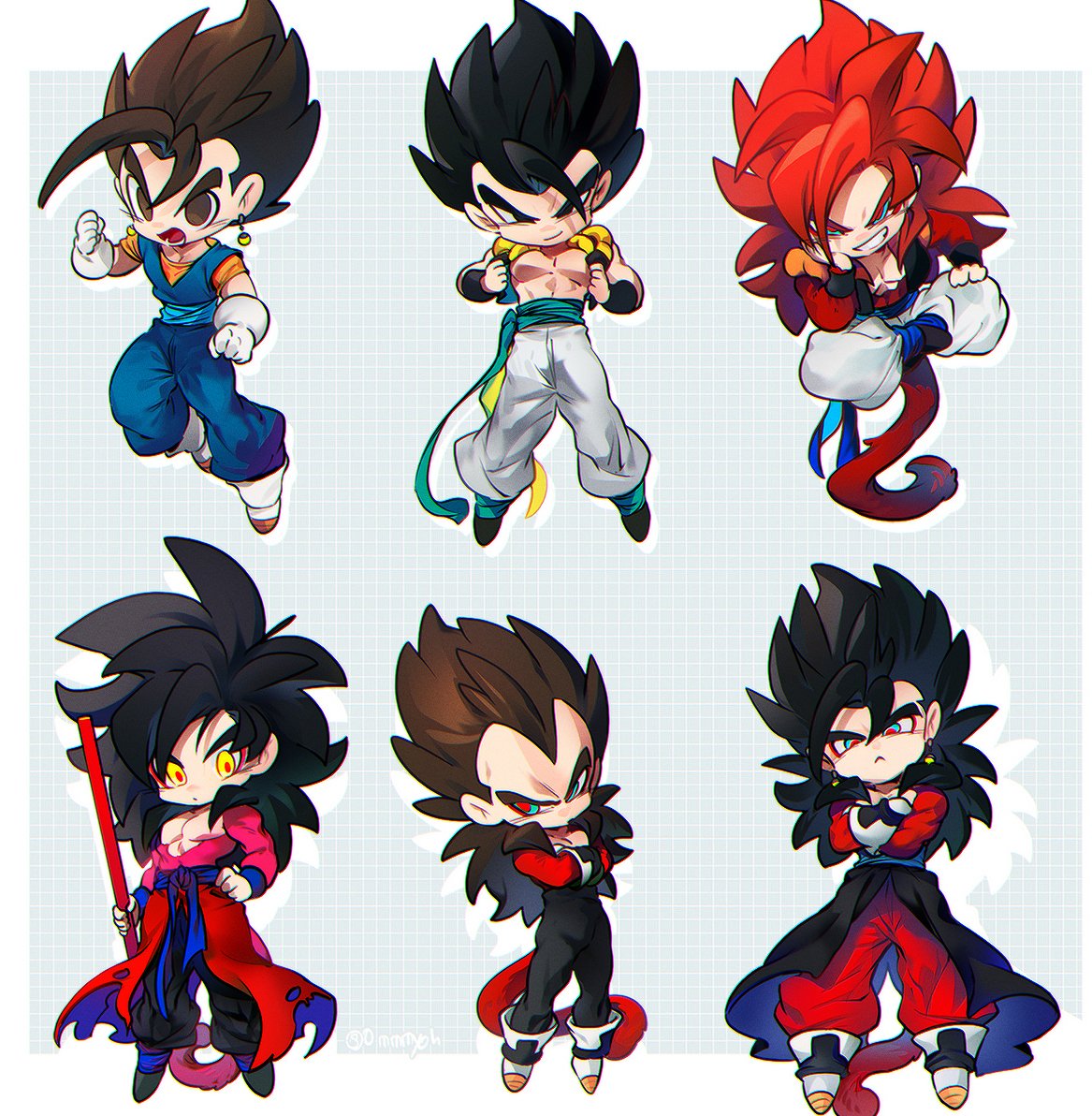 ommmyoh, gogeta, son goku, son goku (xeno), vegeta, vegeta (xeno), vegetto, vegetto (xeno), dragon ball, dragon ball gt, dragon ball heroes, dragon ball super, black hair, blue eyes, blue sash, chibi, closed mouth, dougi, earrings, gloves, jewelry, long hair, male focus, metamoran vest, monkey boy, monkey tail, multiple boys, muscular, muscular male, open mouth, pants, potara earrings, red fur, saiyan, sash, smile, spiked hair, super saiyan, super saiyan 4, tail, time patrol (dragon ball), twitter username
